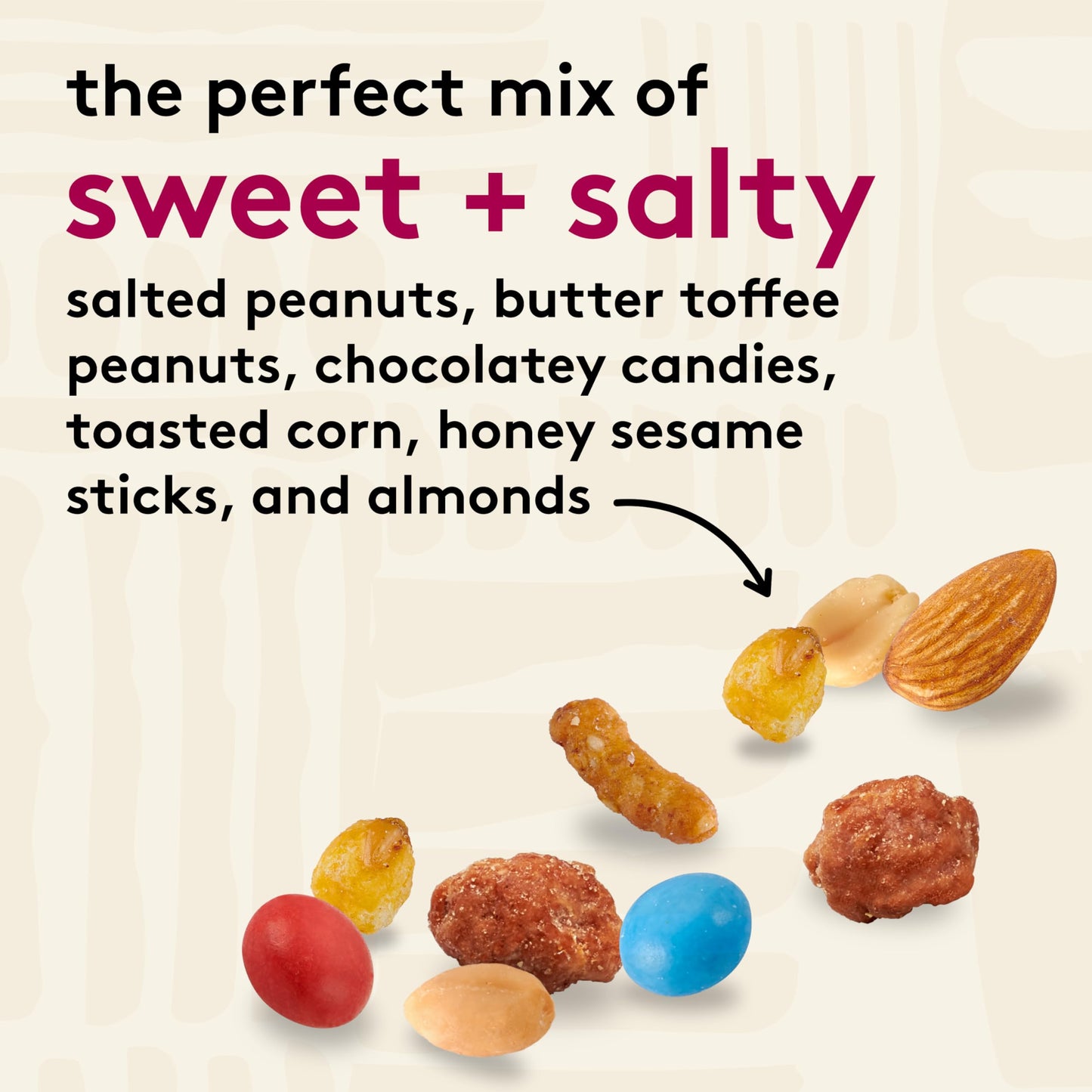 Snak Club Sweet and Salty Trail Mix with Peanuts, Butter Toffee Peanuts, Chocolatey Candies, Toasted Corn, Honey Sesame Sticks, and Almonds, Kosher
