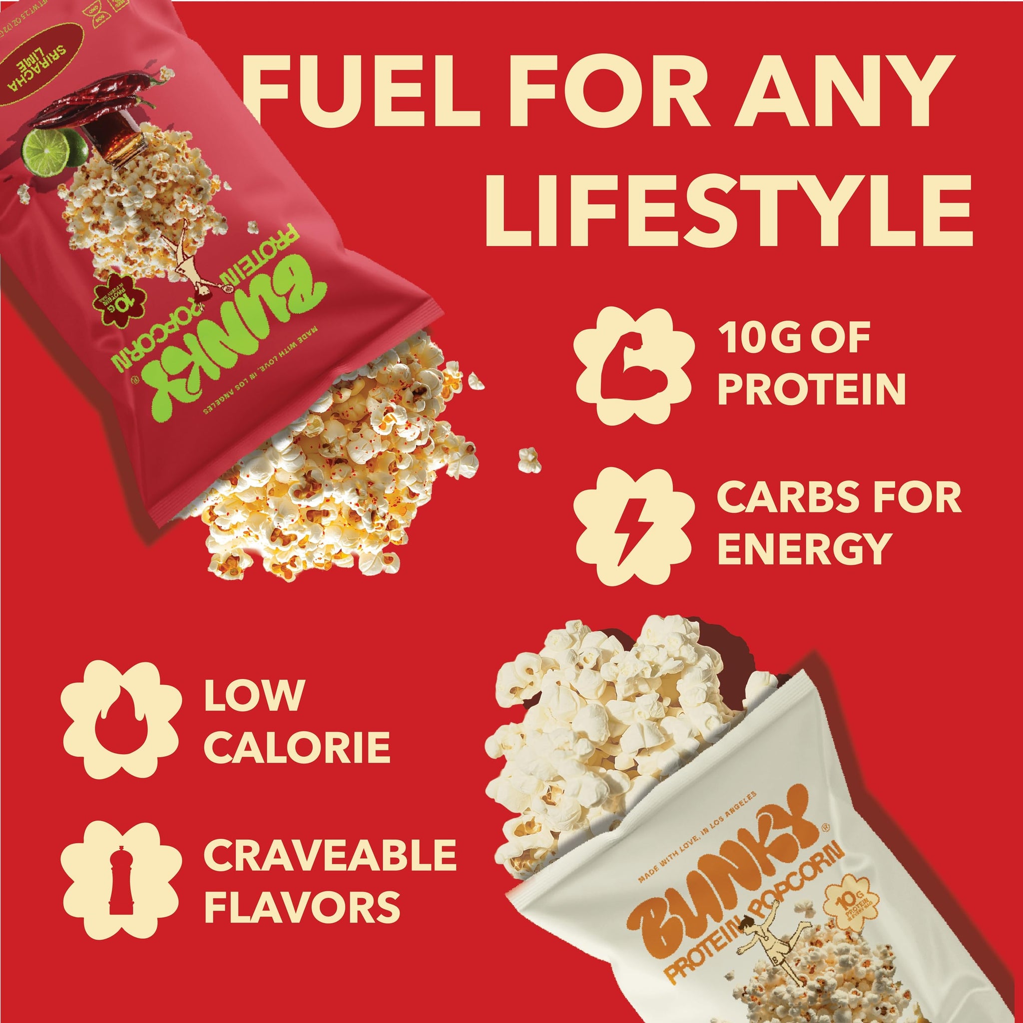 BUNKY Protein Popcorn | Premium High-Protein Air-Popped Snack | Aged White Cheddar & Sriracha Lime | Low Calorie, High Fiber, Guilt-Free Crunch | 10g