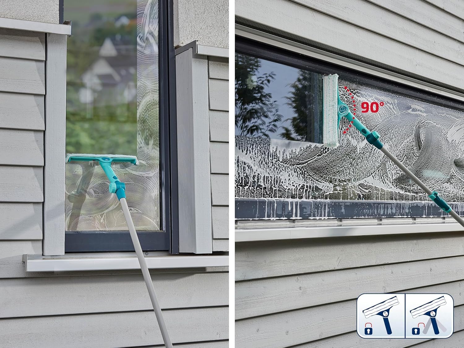 Leifheit 3 in 1 Telescopic Window Cleaner, Window Squeegee with Telescopic Handle 110-200 cm, Extendable Squeegee with Integrated Microfibre Cover