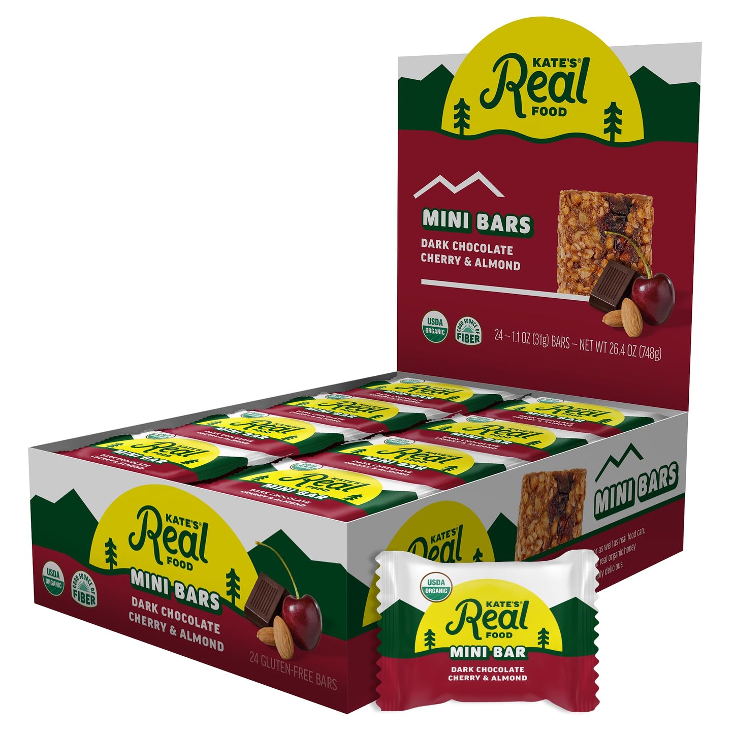Kate’s Real Food Mini Organic Granola Bars - Dark Chocolate Cherry Almond (1.1 oz, Pack of 24) - Organic Energy Bars Made with Gluten Free Oats - Non