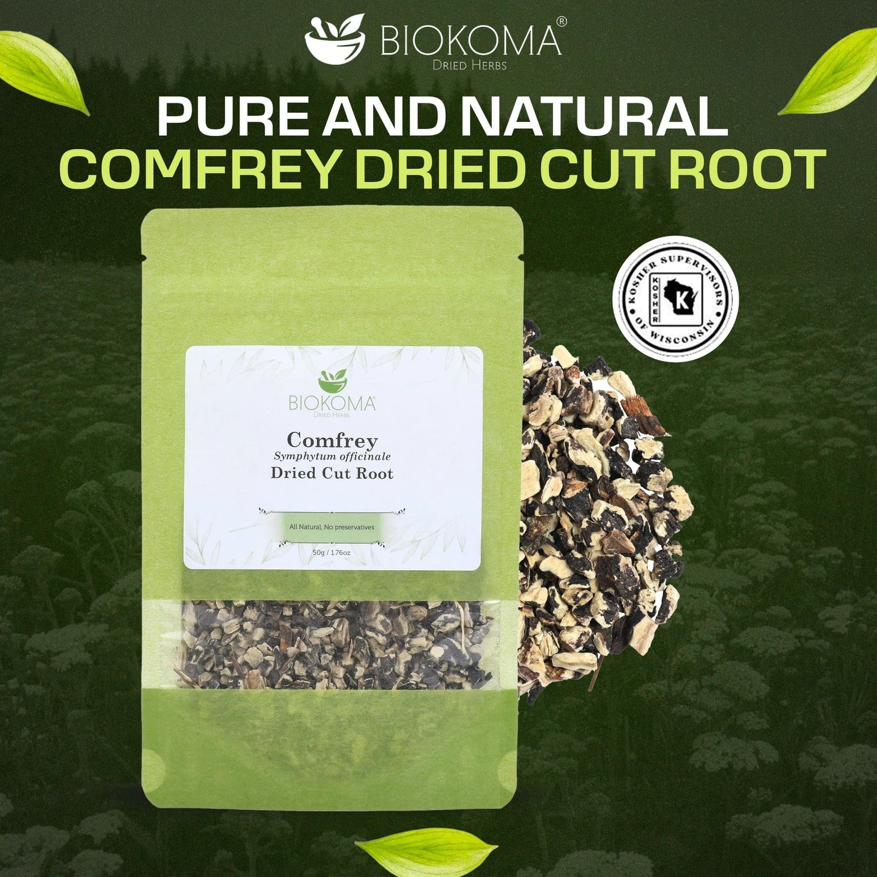 Biokoma Comfrey Dried Root 50g 1.76oz Cut & Sifted Dried Herb Symphytum officinale Topical Healing & Skin Support Salve Ointment Resealable Moisture