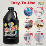 Hair & Grease Cleaner for Drains - Fast-Acting Liquid Clog Remover for Kitchen and Bathroom Plumbing, Safe for Pipes and Septic Systems, Includes