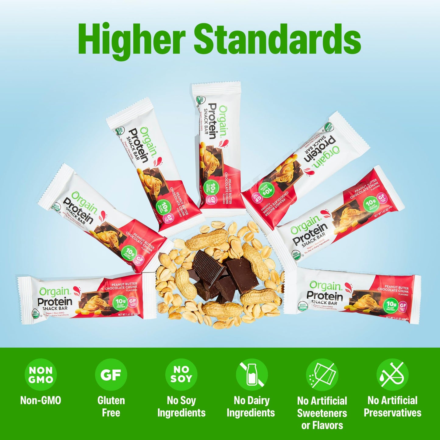 Orgain Organic Vegan Protein Bars, Peanut Butter Chocolate Chunk - 10g Plant Based Protein, Low Calorie Healthy Snacks, No Lactose or Soy Ingredients