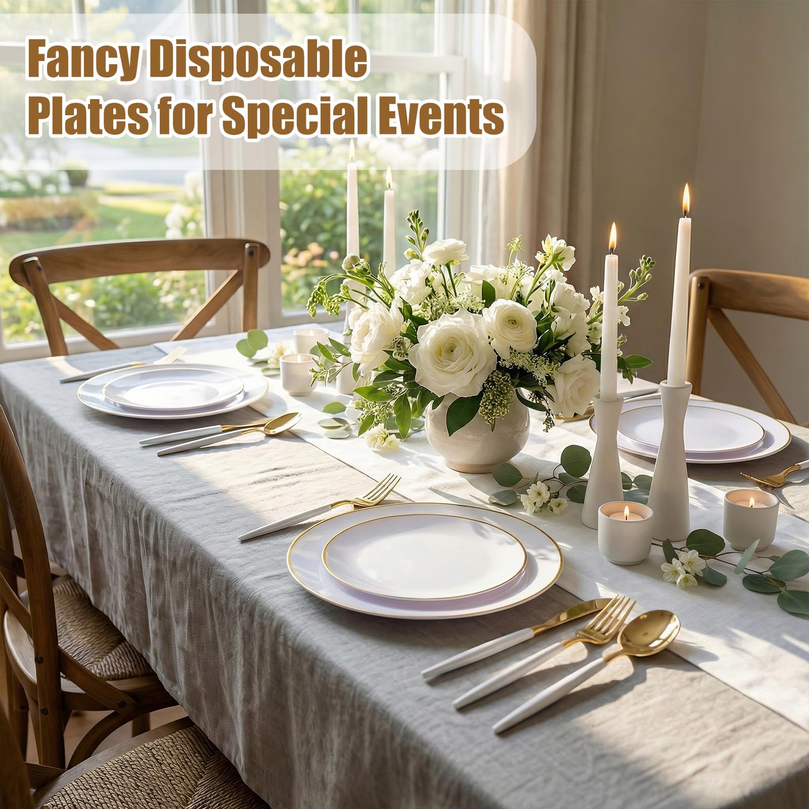DaYammi 150Pcs Gold Plastic Plates with Disposable Silverware,White Gold Disposable Dinnerware Set - 30 Dinner Plate,30 Dessert Plate,90 Gold Cutlery