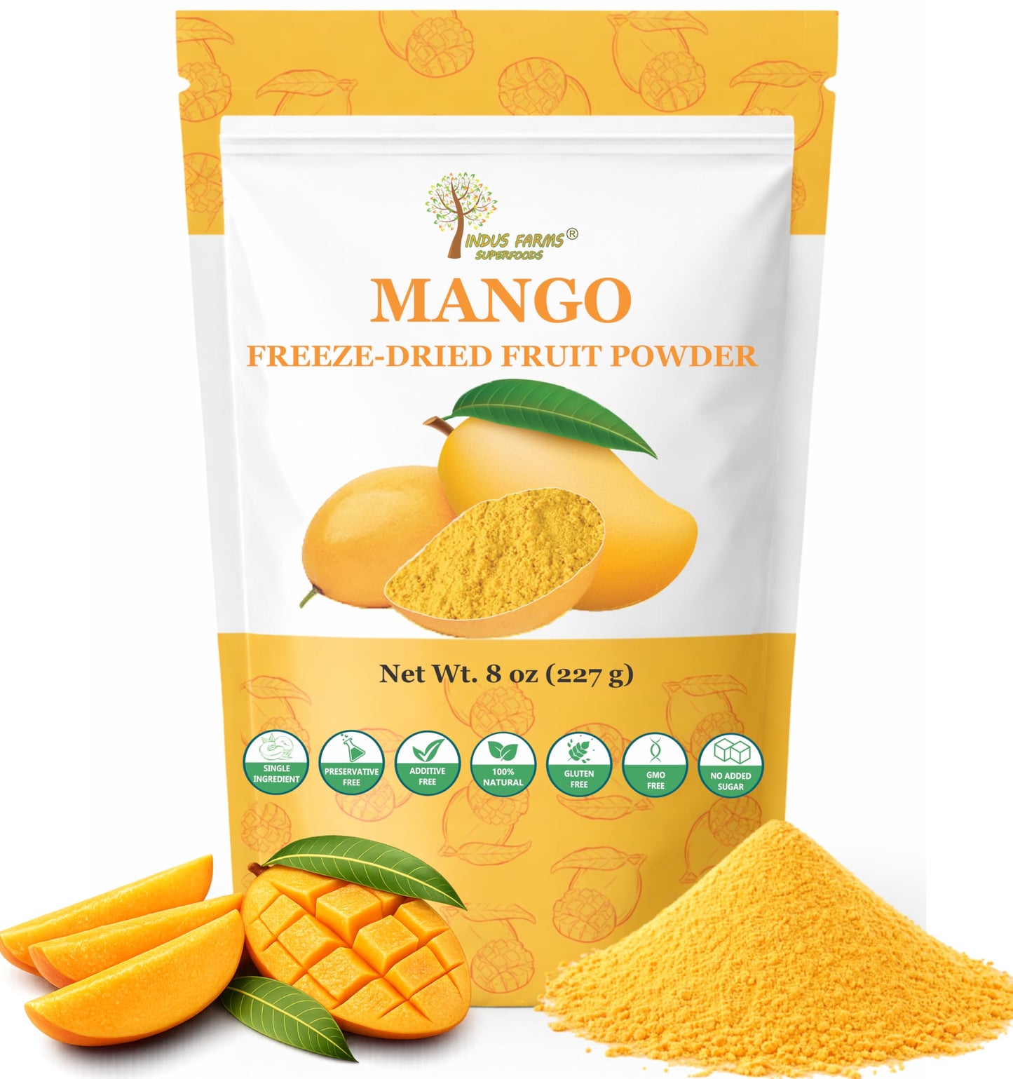 Indus Farms Freeze Dried Mango Powder | 100% Alphonso Mangoes, Single Ingredient | Vitamin C & A | Natural Tropical Flavor for Smoothies, Baking