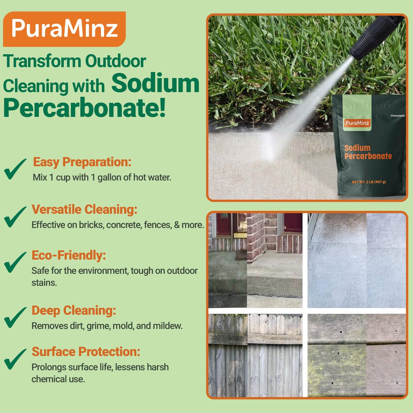 PuraMinz Sodium Percarbonate - 2 Pounds - Pure Oxygen Bleach Powder. Color Safe Stain & Grime Remover, Multi-Use Cleaner for Home & Laundry - Packed