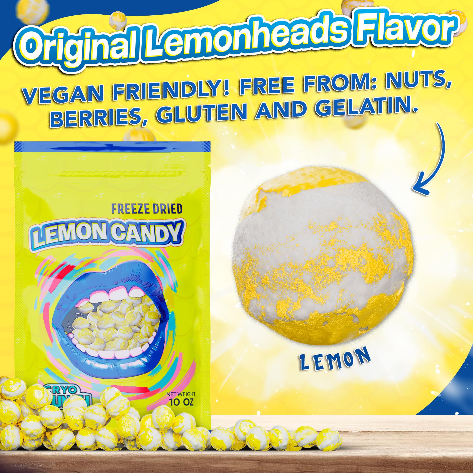 Freeze Dried Lemon Heads (10oz) - Made From Lemonheads Candy By Cryo Crunch- Freeze Dried Lemonheads Made In US Freeze Dried Lemon Candy