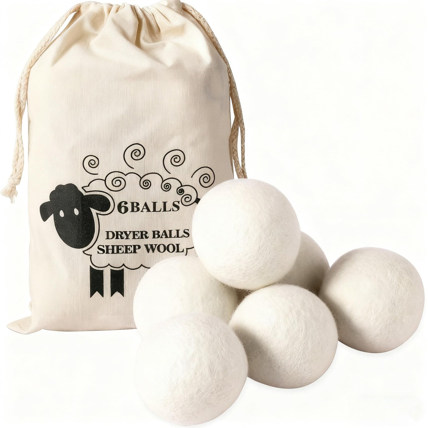 Ruovselz Wool Dryer Balls (6pc) - 100% Organic New Zealand Wool, Natural Fabric Softener, Reusable, Reduces Wrinkles & Drying Time, Eco-Friendly
