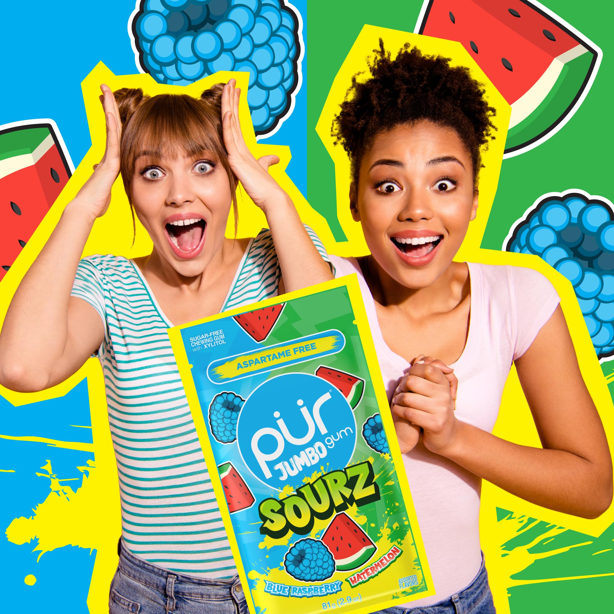 Pur, Jumbo Sourz Gum, Aspartame Free Chewing Gum, 100% Xylitol, Natural Flavor, Sour Blue Raspberry and Sour Watermelon, 20 Count