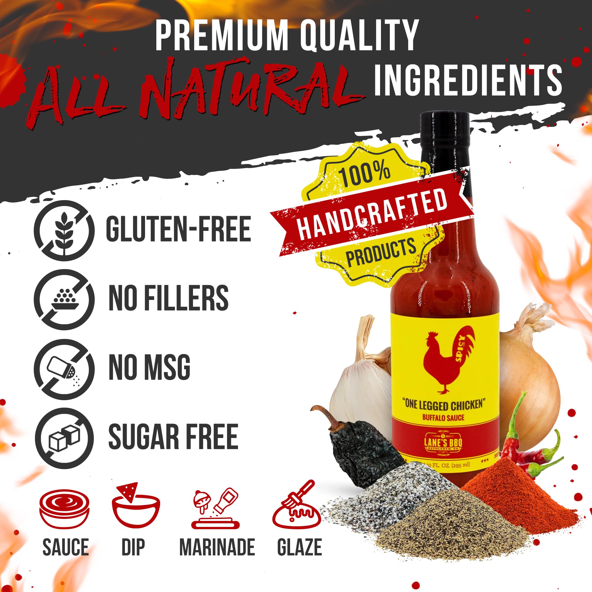 Lane's One Legged Chicken Buffalo Sauce, Award Winning Buffalo Wing Sauce, Delicious Bold and Tangy Flavor, Goes Great with Chicken, Meat & Pizza, No
