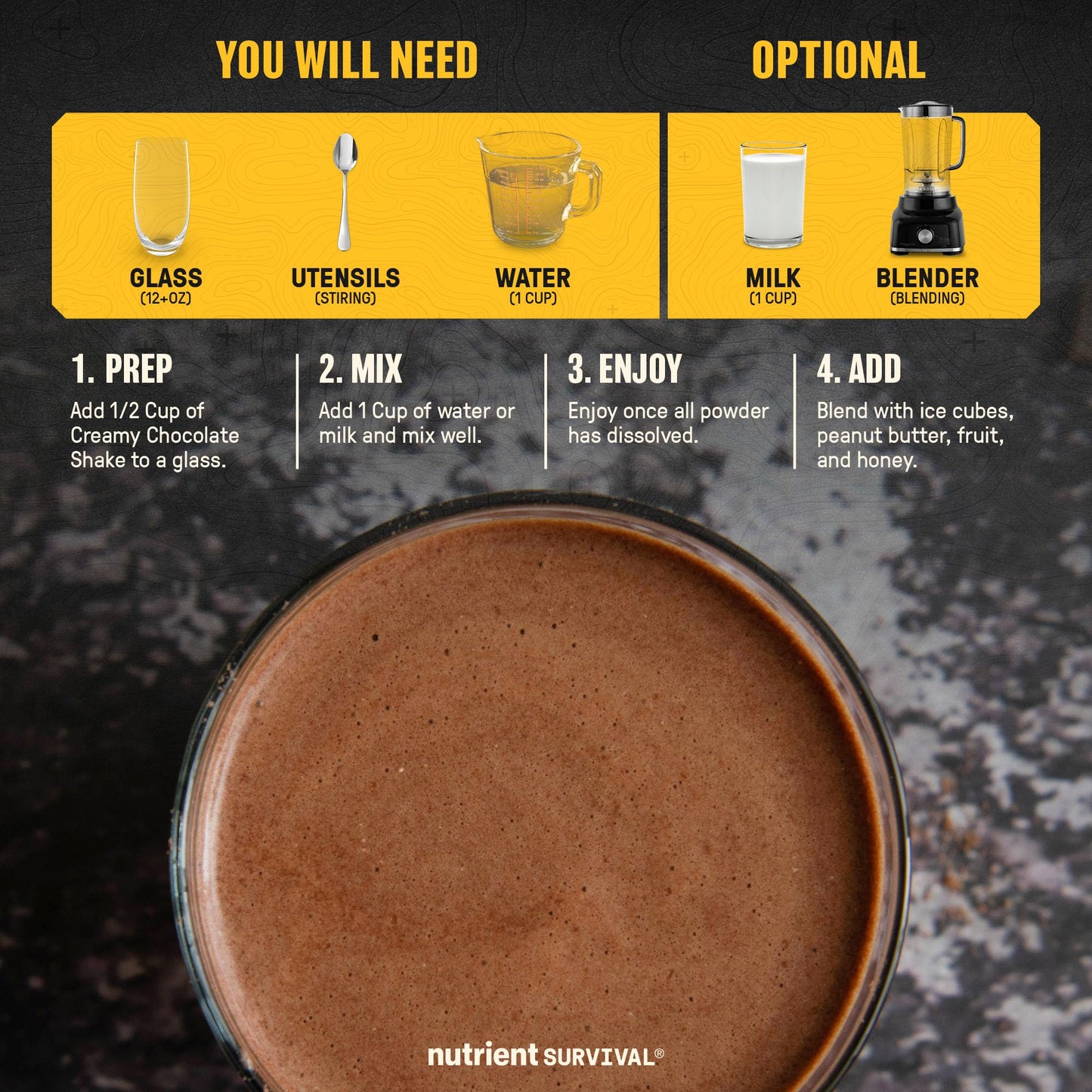 Nutrient Survival Whey Protein Powder Shake Chocolate Shake Gluten-Free, High-Protein Breakfast or Meal Replacement Shake, Perfect Dark Chocolate