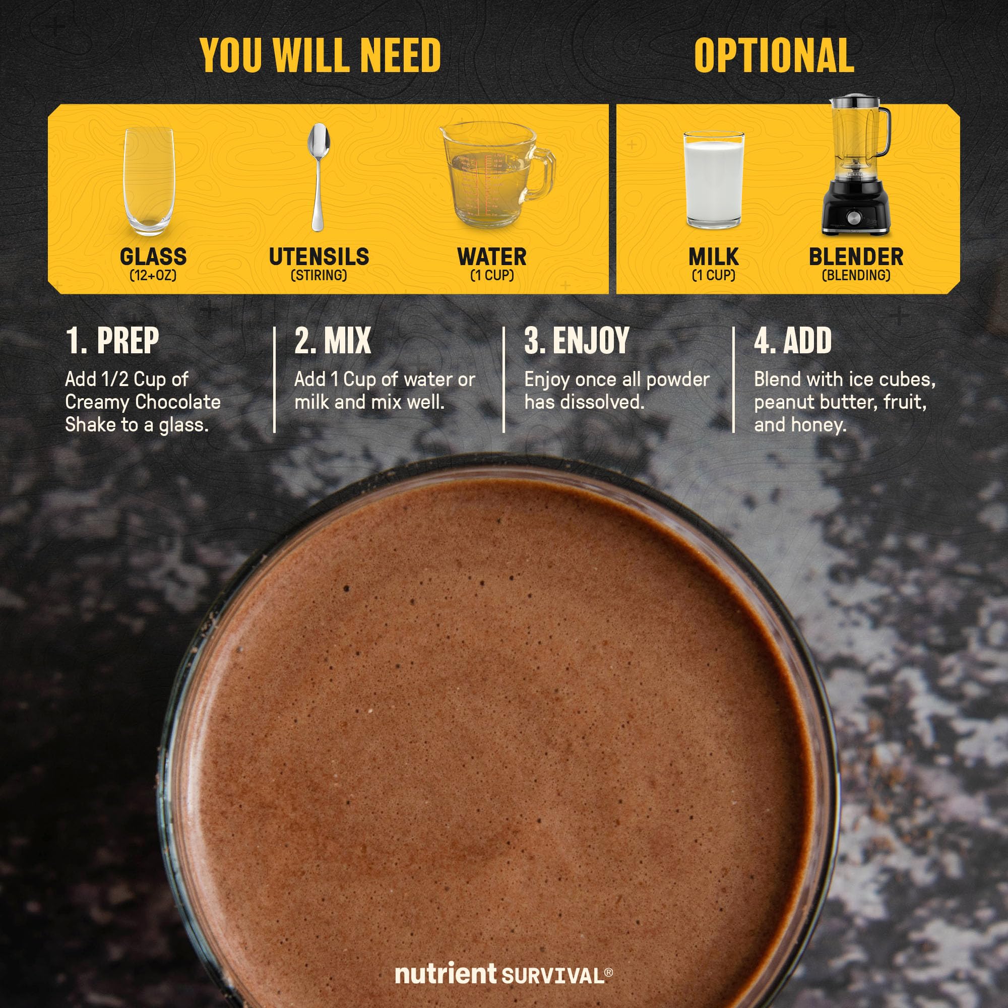 Nutrient Survival Whey Protein Powder Shake Chocolate Shake Gluten-Free, High-Protein Breakfast or Meal Replacement Shake, Perfect Dark Chocolate