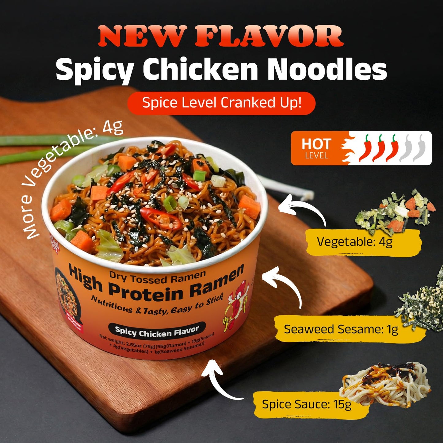 HealSpot High Protein Spicy Chicken Ramen,Dry Tossed Noodles,More 31g Plant-Based Protein Pasta,Low Fat,Low Carb,Non-GMO,Keto & Vegan