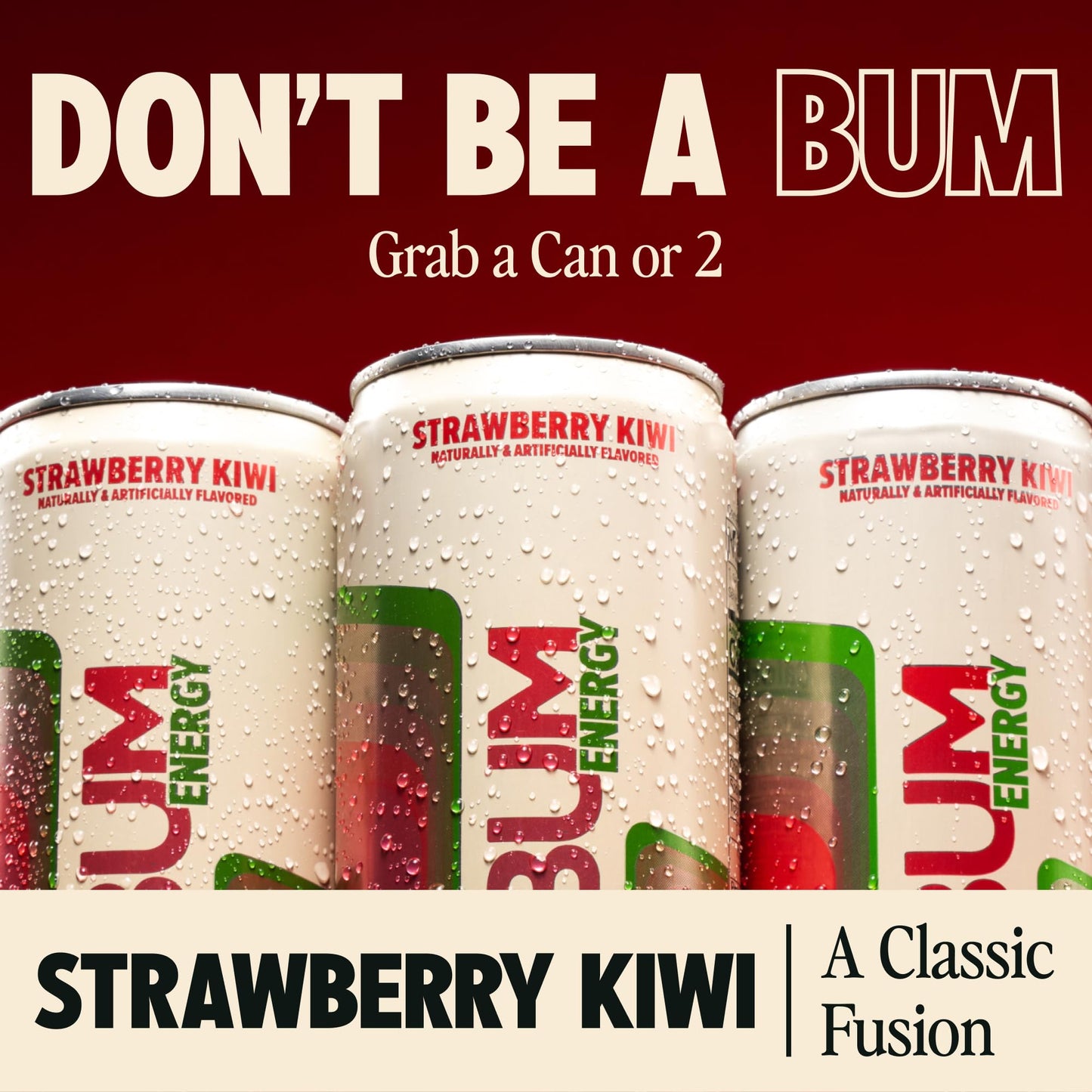 BUM Sugar-Free Energy Drink, Strawberry Kiwi, Lightly Carbonated and Gluten Free with 112mg of Natural Caffeine & Nootropics for Energy & Focus, Brain
