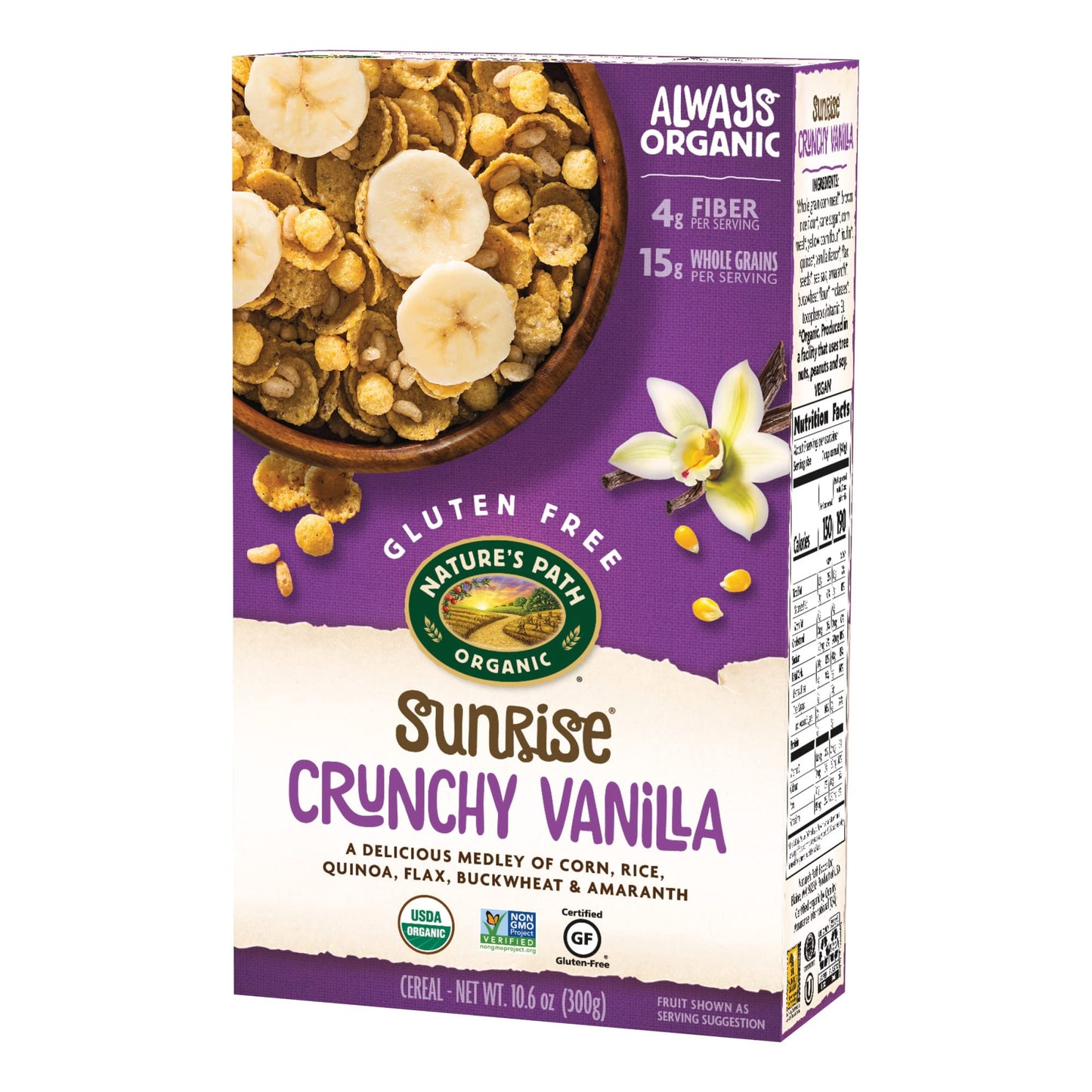 Nature's Path Organic Gluten Free Sunrise Crunchy Vanilla Cereal, 10.6 Ounce (Pack of 4), Non-GMO, 15g Whole Grains, 4g Fiber