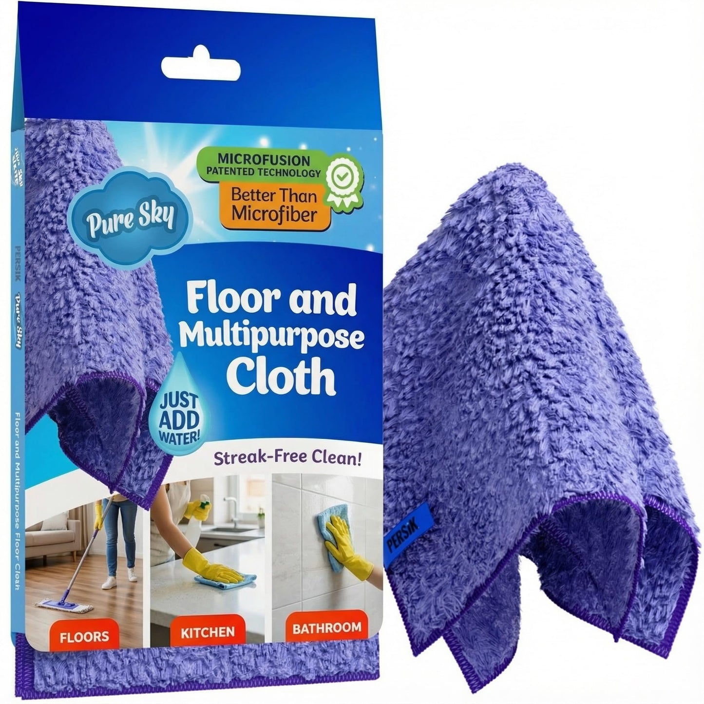 Pure-Sky Magic Deep Clean Cleaning Cloth - JUST ADD Water No Detergents Needed - Multipurpose Ultra Microfiber Cloth - Stick-Attachable for Mop, or as