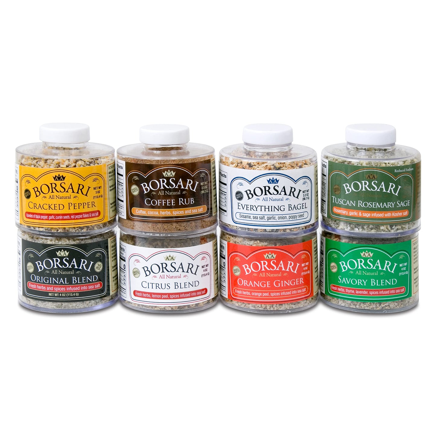 Borsari Seasoning Gift Set - 8 Flavor Variety Pack - Original, Citrus, Orange Ginger, Cracked Pepper, Coffee, Everything Bagel, Savory, Tuscan