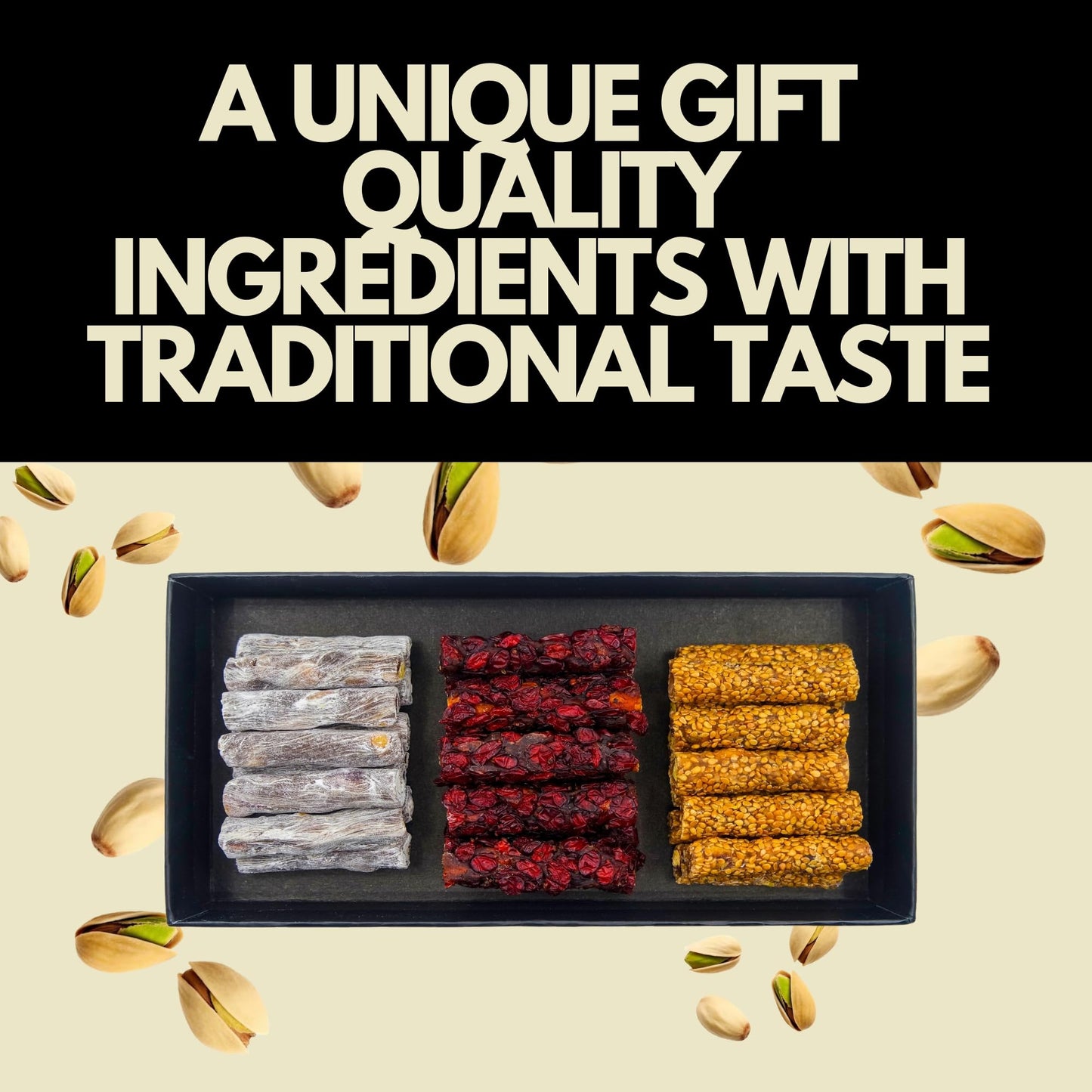Turkish Delight Behlul by BAKIRKAZAN, Turkish Pistachios Twist Delights 36 piece Candy 8.8 oz, w/ 3 Flavors: Cinnamon, Zereshk, Sesame, Luxury Food
