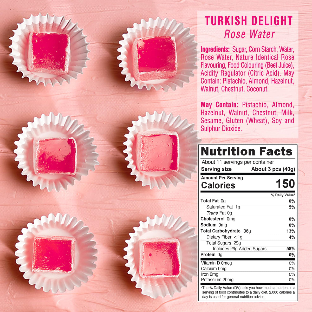 HazerBaba Turkish Delight Rose Candy, 16oz (Pack of 1), Vegan Snack Box