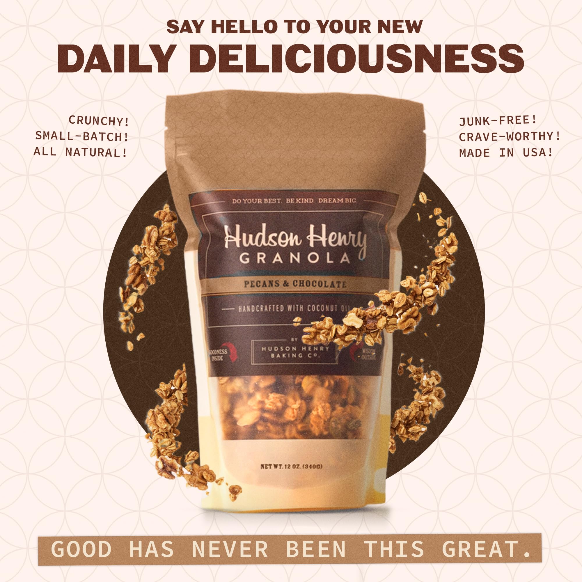 Hudson Henry Chocolate Pecan Granola for Yogurt, Snacking & Cereal | Dark Chocolate Granola with Pecans & Oats | Gluten Free, Non-GMO, Small Batch