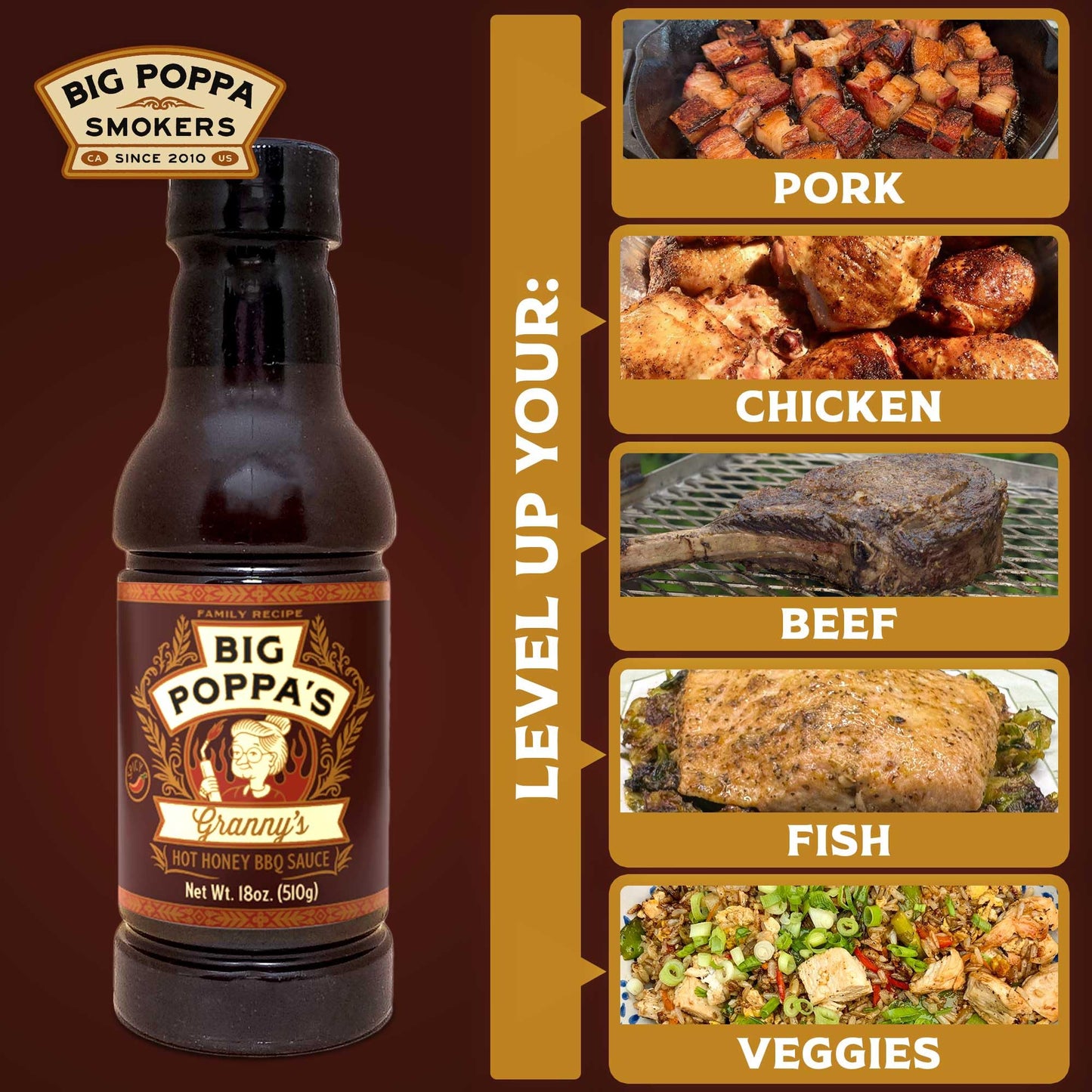 Big Poppa’s Granny’s Hot Honey BBQ Sauce - Award-Winning BBQ Sweet & Mild Hot Sauce for Ribs, Wings, and Pulled Pork - Thin Glaze-Style Flavor