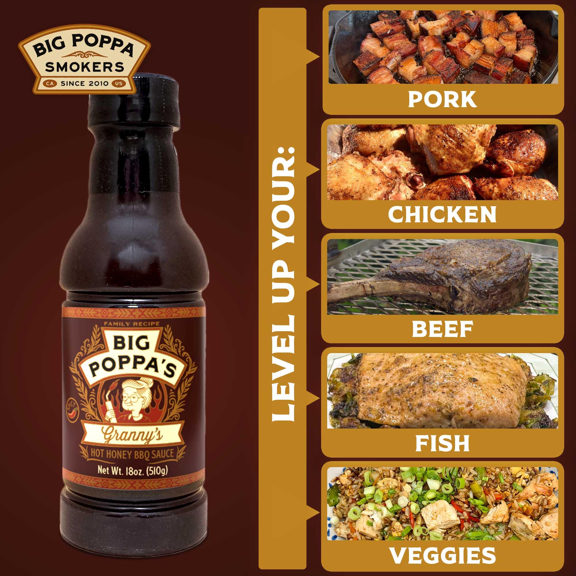 Big Poppa’s Granny’s Hot Honey BBQ Sauce - Award-Winning BBQ Sweet & Mild Hot Sauce for Ribs, Wings, and Pulled Pork - Thin Glaze-Style Flavor