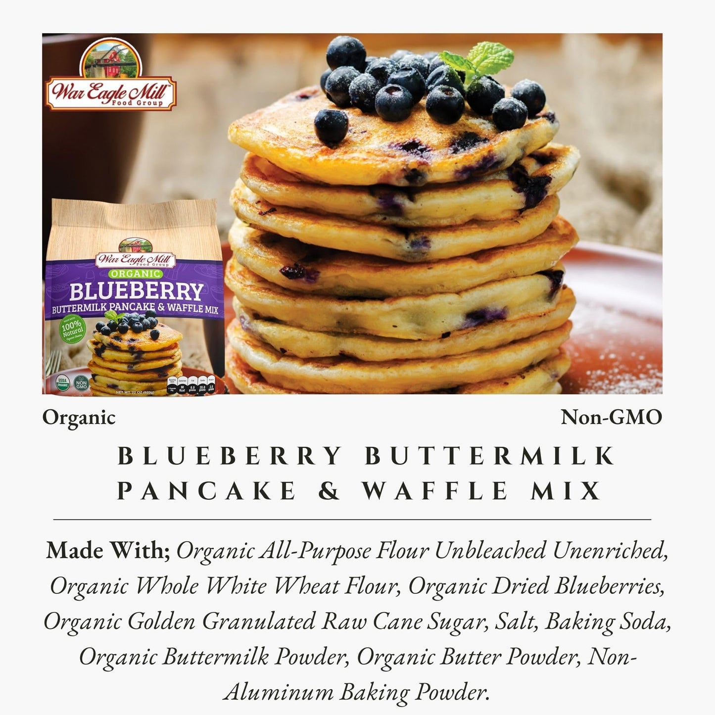 War Eagle Mill Organic Blueberry Buttermilk Pancake & Waffle Mix, 22 oz Bag (Pack of 2)