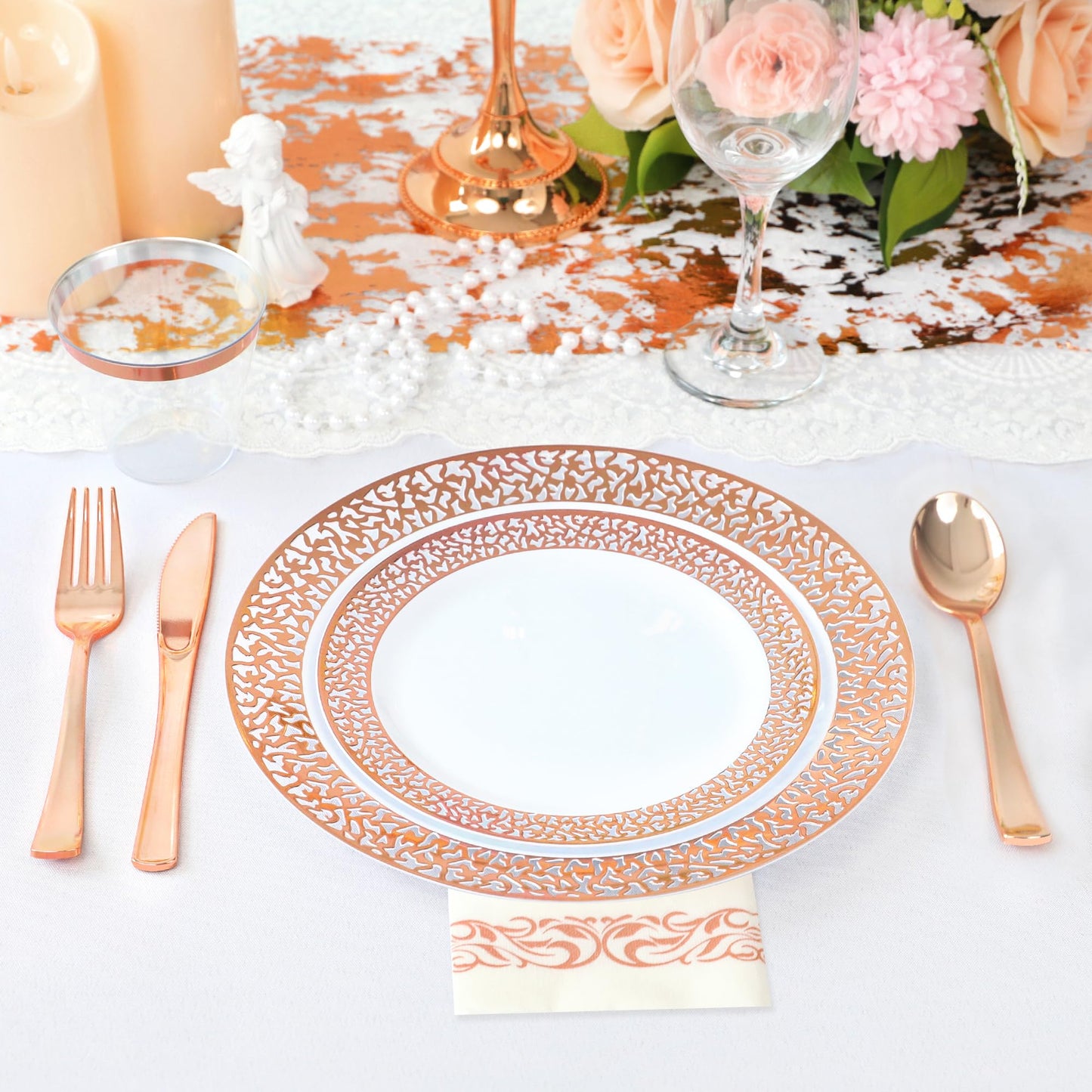 Sylans 700PCS Rose Gold Lace Disposable Dinnerware Set for 100 Guests, Plastic Plates Set Elegant Heavy Duty 200 Dinner Dessert Plates, 100