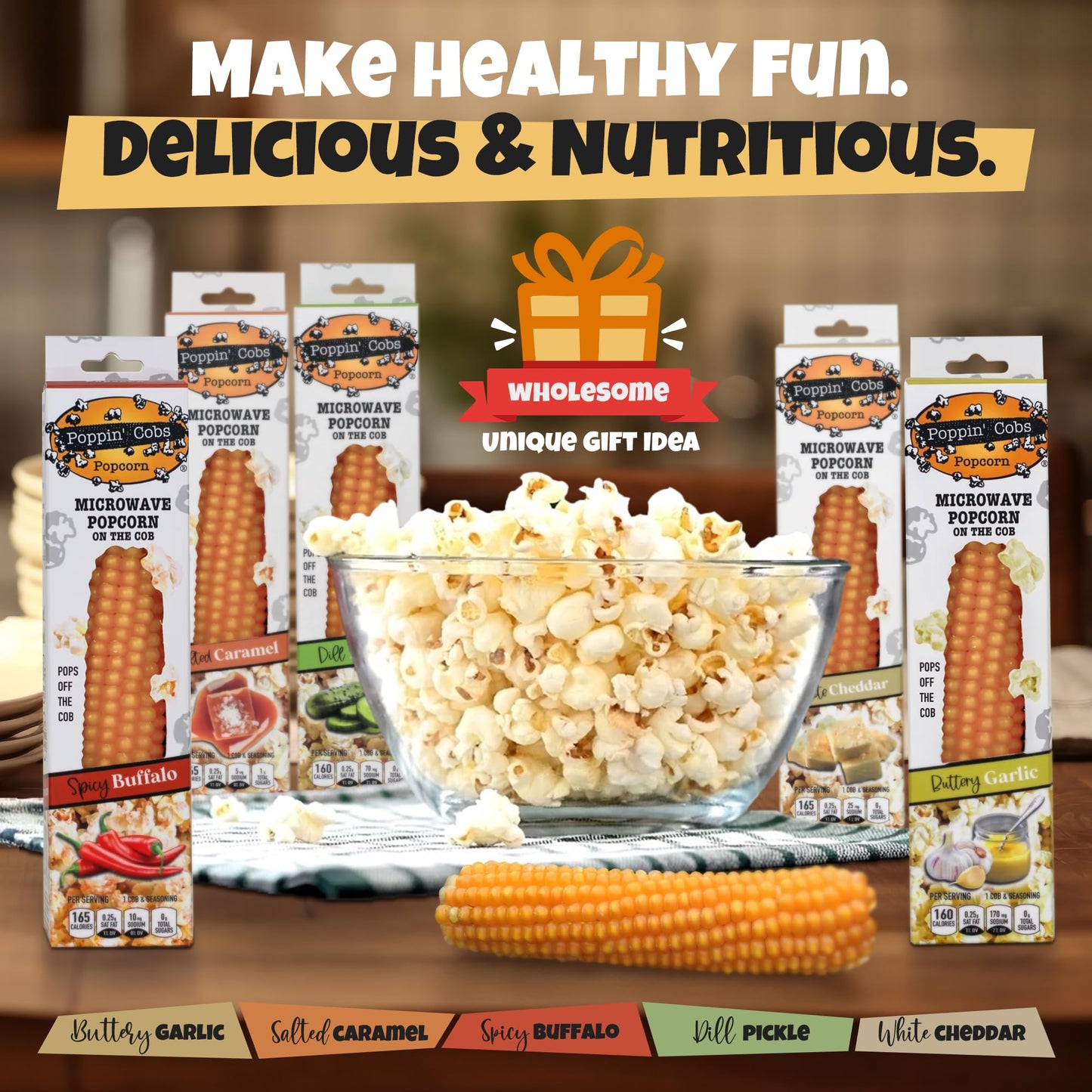 Poppin Cobs Microwave Popcorn on the Cob (8 PK) (White Cheddar) Whole Popcorn Kernels, Individually Wrapped Healthy Pop Corn on the Cob with Bags