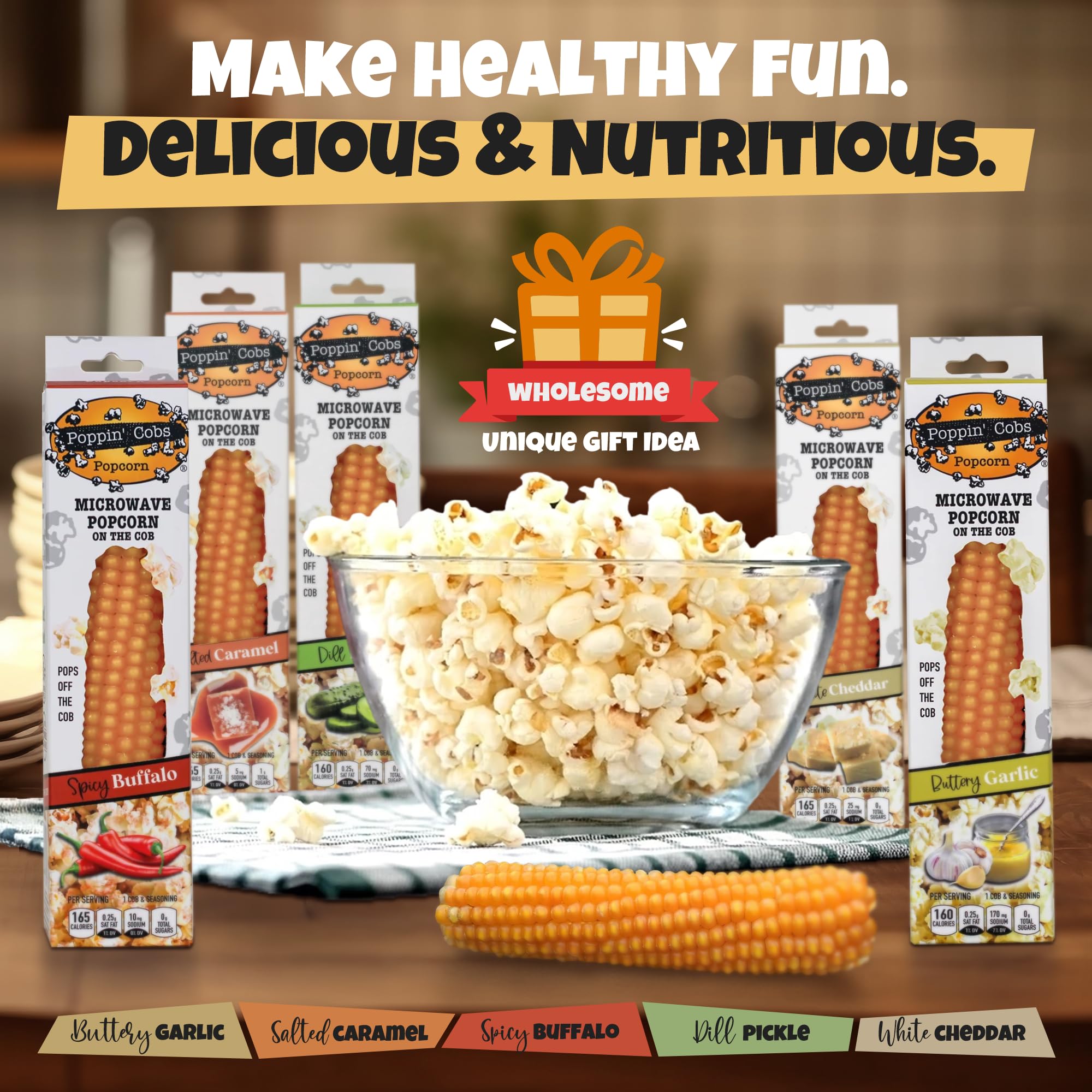 Poppin Cobs Microwave Popcorn on the Cob (8 PK) (White Cheddar) Whole Popcorn Kernels, Individually Wrapped Healthy Pop Corn on the Cob with Bags