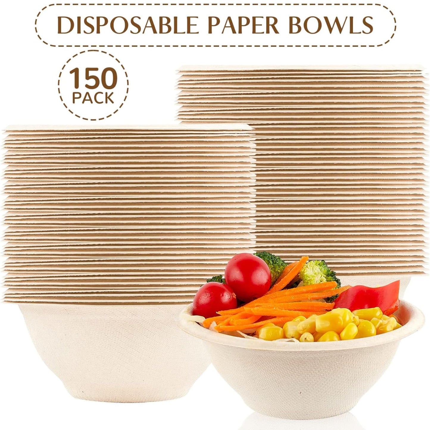 ZORRITA 150 Pack 8 oz Compostable Paper Bowls Small Disposable Soup Bowls Natural Sugarcane Biodegradable Bowls for Ice Cream, Desserts, Salads, Pet