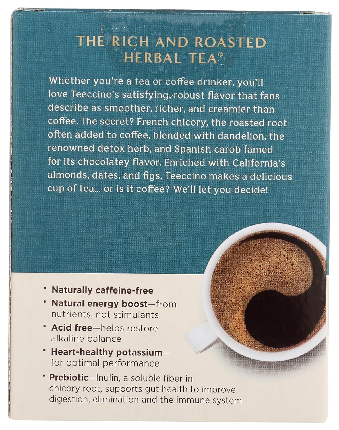 Teeccino Dandelion Caramel Nut Tea - Caffeine Free, Roasted Herbal Tea with Prebiotics, 3x More Herbs than Regular Tea Bags, Gluten Free - 10 Tea Bags