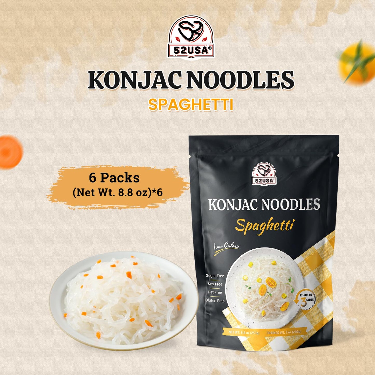 52USA Konjac Shirataki Noodle, Spaghetti, Low Carb Pasta 52.8 Oz (1500 g), Keto and Paleo Friendly, Sugar Free, Vegan, Gluten Free, Ready to Eat, Low