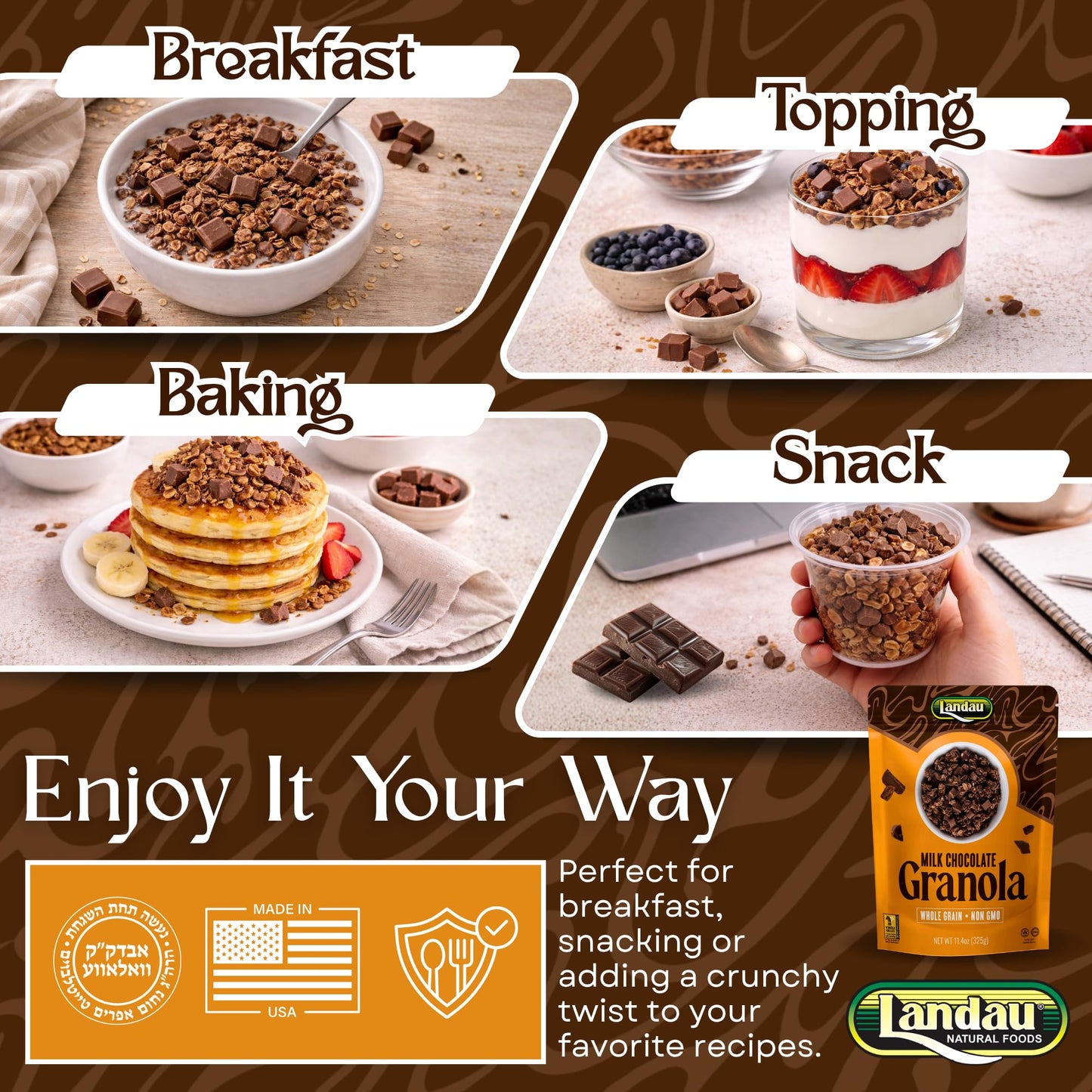 Landau Milk Chocolate Granola - Crunchy Whole Grain Oats with Real Chocolate Chunks - Non-GMO, Kosher Certified Diary Granola - Breakfast, Snack