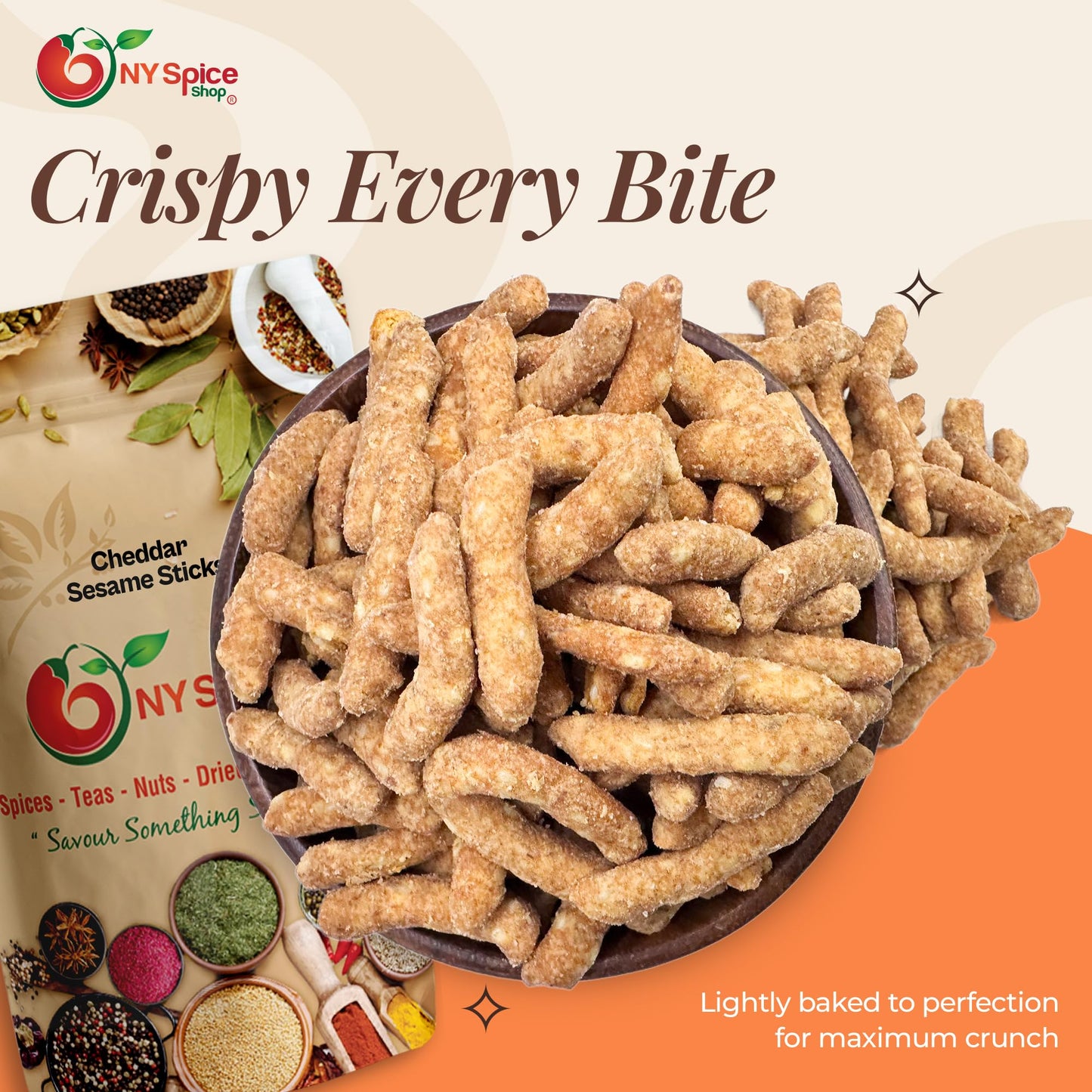 NY Spice Shop Cheddar Sticks - 3 Pound Fresh Sesame Sticks Cheddar Snack Mix - Crunchy Cheddar Sesame Savory Snack Bites Crisp Texture - Everyday