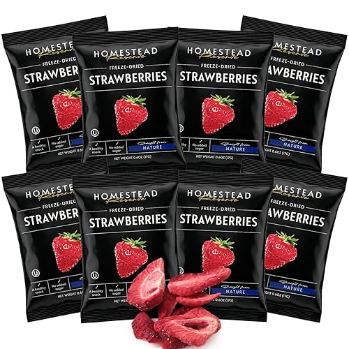 HOMESTEAD RESERVE Freeze Dried Strawberry, Pack of 8 Dried Fruit Snacks Individual Packs, Ideal Fruits Chips for Healthy Lifestyles and Active Living