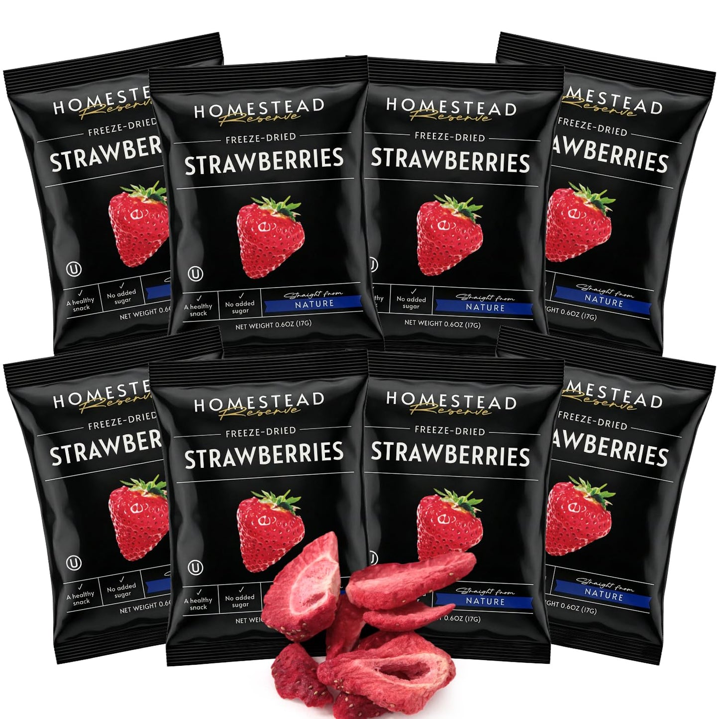 HOMESTEAD RESERVE Freeze Dried Strawberry, Pack of 8 Dried Fruit Snacks Individual Packs, Ideal Fruits Chips for Healthy Lifestyles and Active Living