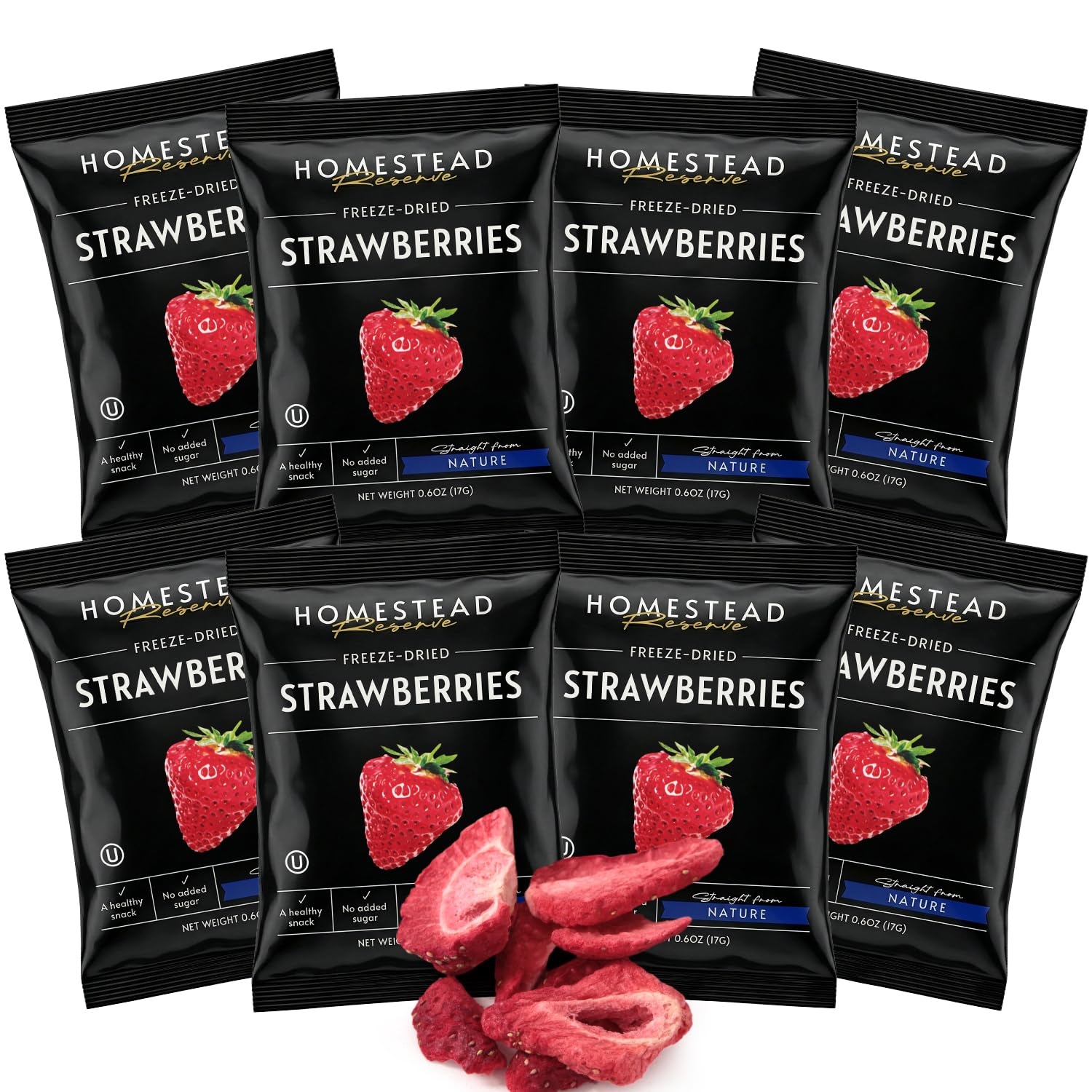 HOMESTEAD RESERVE Freeze Dried Strawberry, Pack of 8 Dried Fruit Snacks Individual Packs, Ideal Fruits Chips for Healthy Lifestyles and Active Living