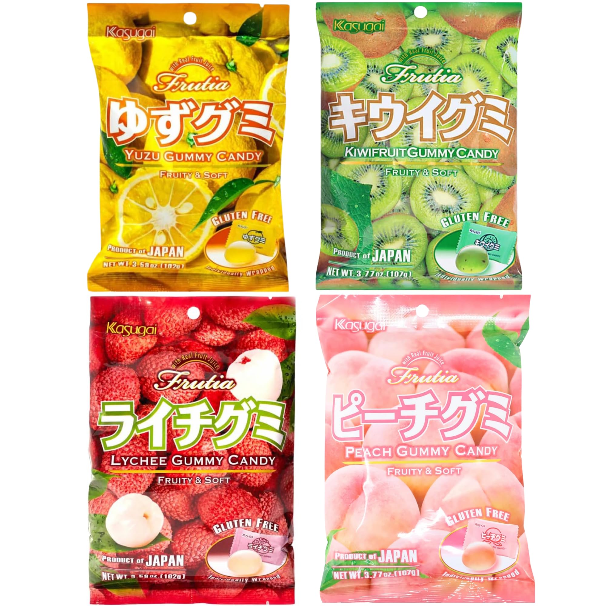 Kasugai Japanese Gummy Candy with Real Fruit Juice (4 Pack) (Yuzu, Kiwifruit, Lychee, Peach) Gift Set Assortment