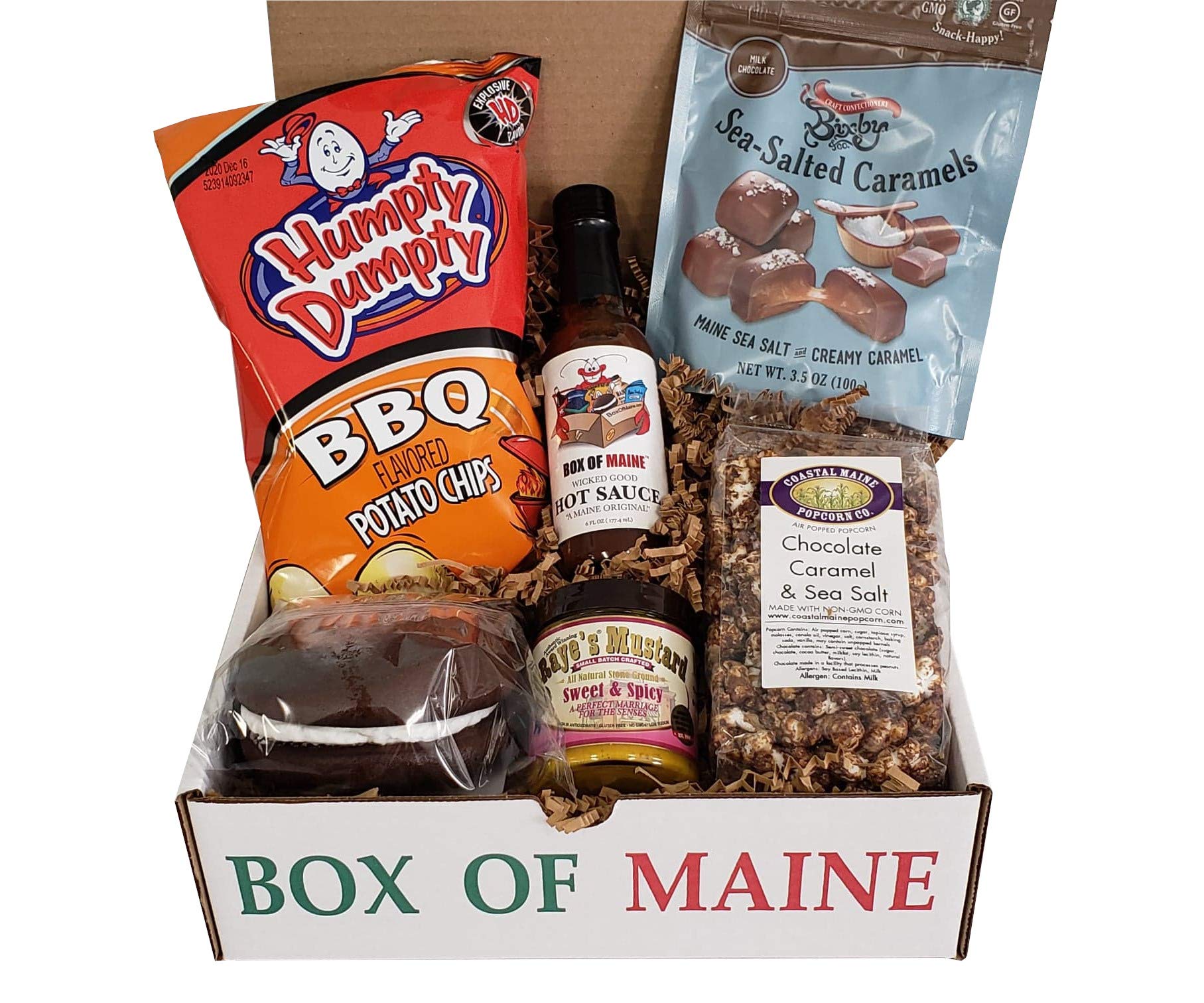 Box of Maine Sweet and Spicy Box - 6 Item Gift Set (Raye's Mustard, Wicked Hot Sauce, Chocolate Whoopie Pie, Chocolate Carmel & Sea Salt Popcorn