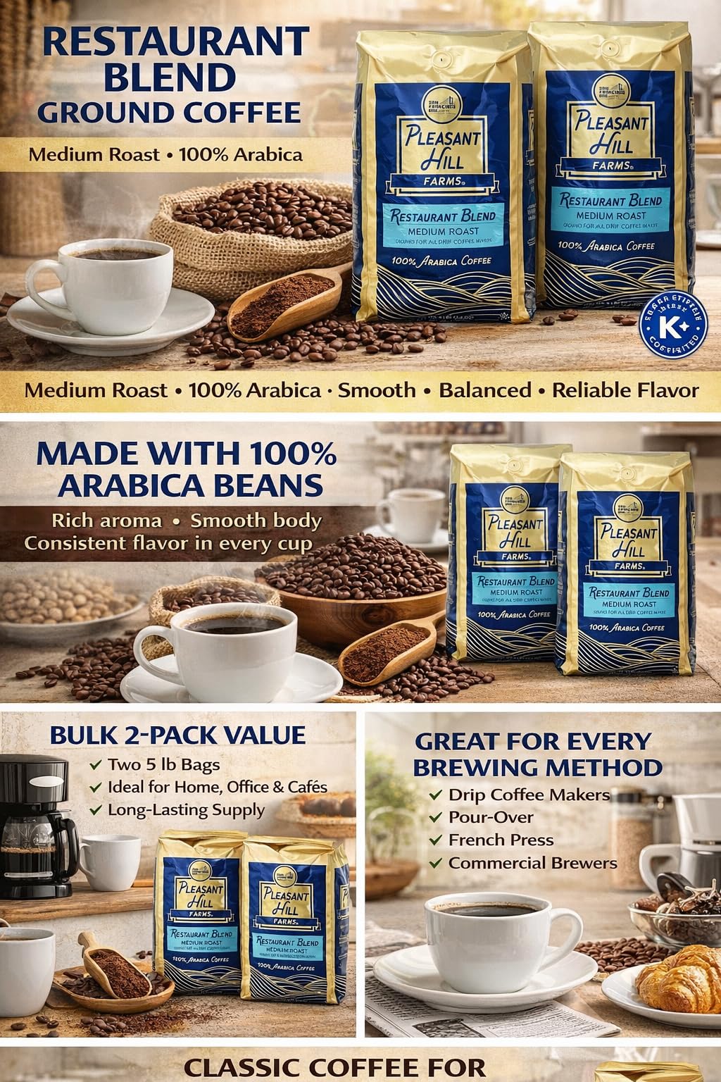 Premium Selection Ground Coffee Bland 2 Pack (5 lb Each) Arabica beans Restaurant blend