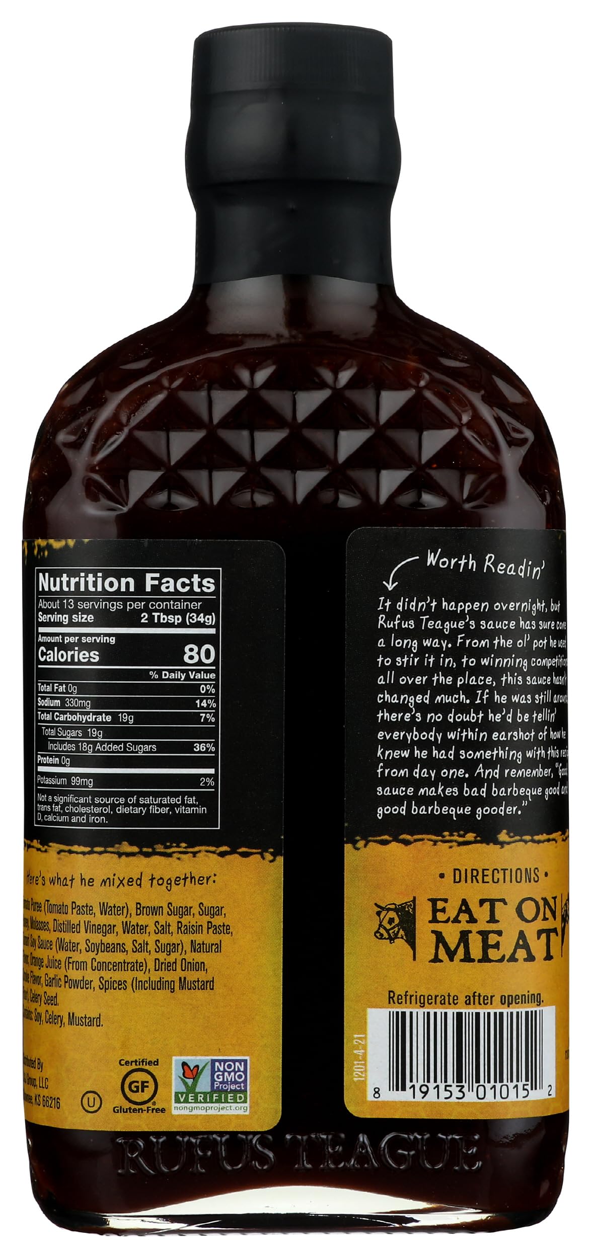 Rufus Teague Honey Sweet BBQ Sauce, Non-GMO, Gluten-Free, 15.25 oz, 1-Pack