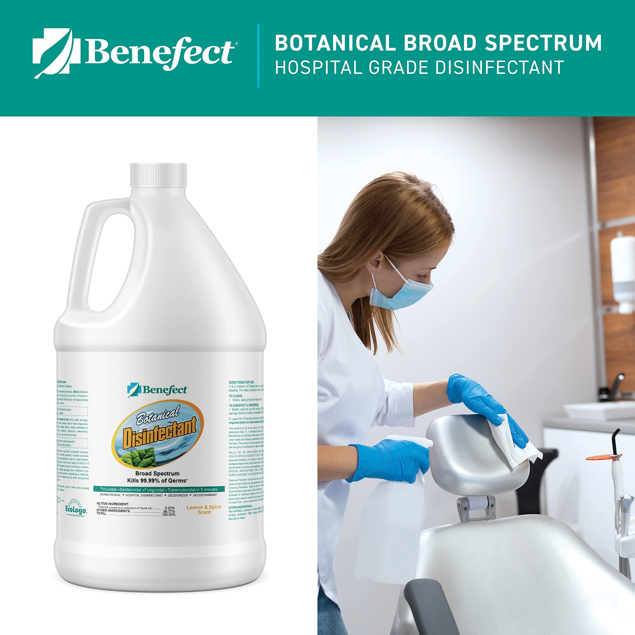 Benefect Botanical Broad Spectrum Disinfectant, 1 Gallon, Lemon & Spice Scent, Hospital Grade Disinfectant & Tuberculocide, Kills Over 99.99%