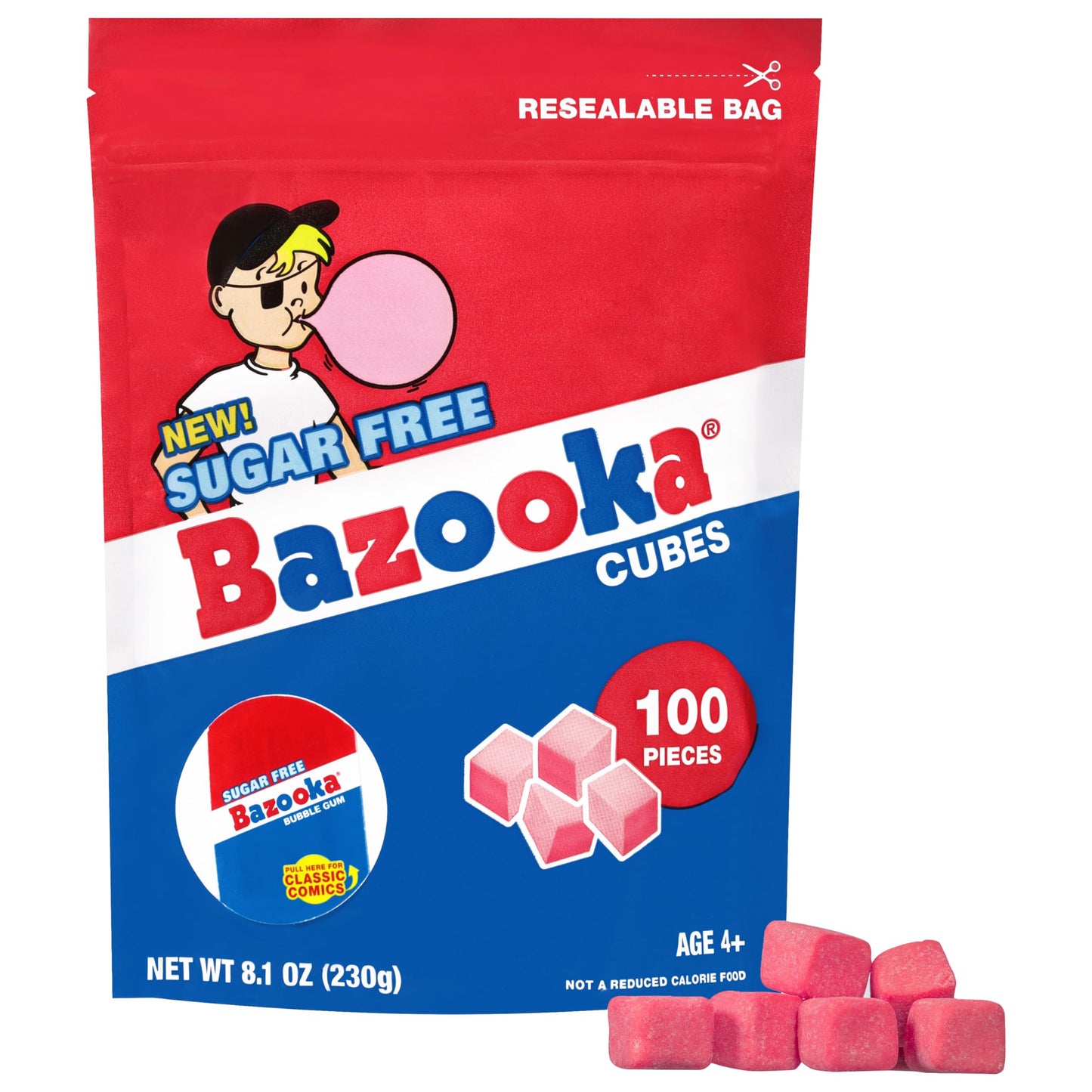 Bazooka Bubble Gum Sugar-Free Chewing Gum Cubes, Bulk in Resealable Bag, 100 Ct in Original Pink Flavor w/Bazooka Joe Comics, Baseball Party Favors