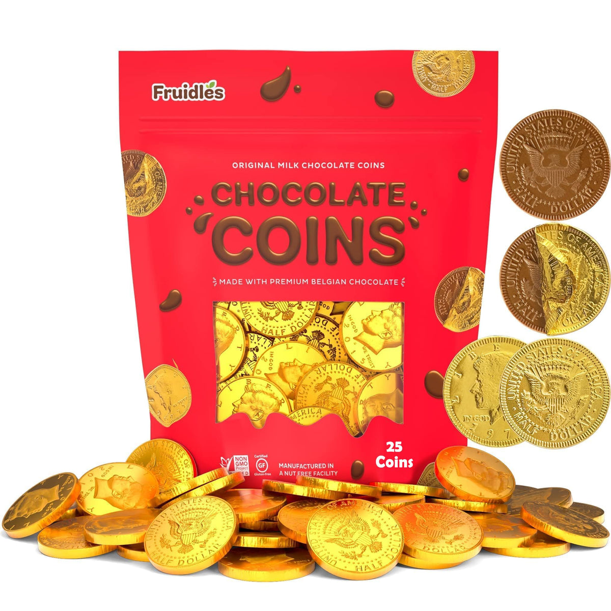 25 Edible Chocolate Coins, Gold Half Dollar Milk Chocolate, Made with Premium Belgian ingredients, Nut Free, Non-GMO, Certified Kosher Dairy 25-Pack