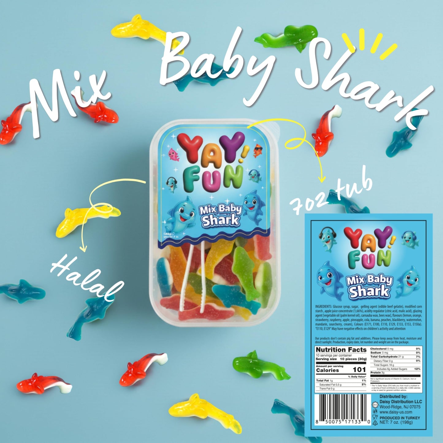 Halal Mix Baby Shark Gummy | 6 Pack Bundle (6x7 oz Tubs) | Assorted Color Shark-Shaped Gummy Candy| Resealable Tubs in Bulk with Display Box | Halal