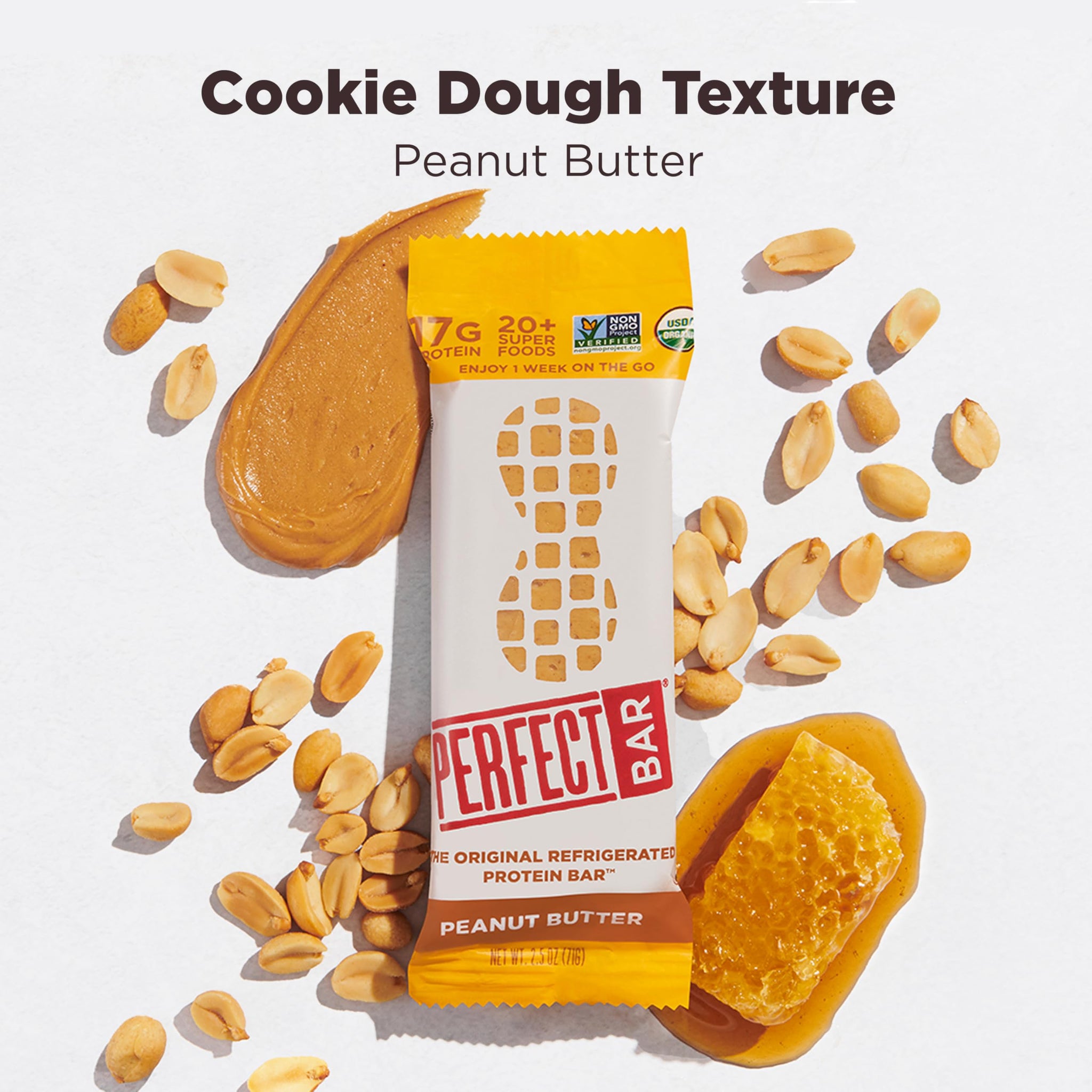 Perfect Bar Protein Bars, Peanut Butter, Gluten Free, Made with Organic Honey, Cookie Dough Texture, Refrigerated Protein Snack, 10 Count, 2.5 Oz Bar