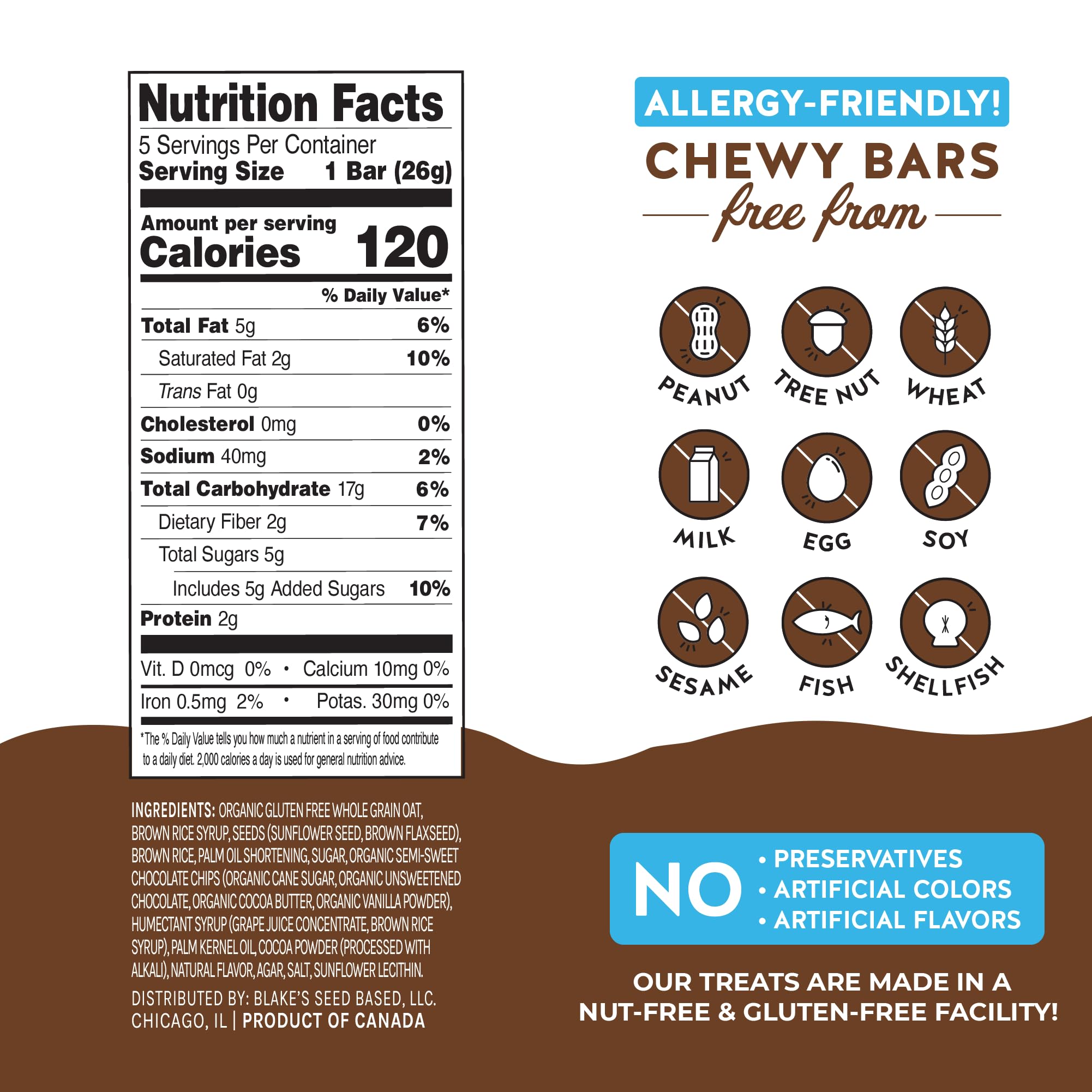 Blake’s Seed Based Chewy Granola Bars - Chocolate Chip (5 Count), Vegan, Gluten Free, Nut Free & Dairy Free, Healthy Snacks for Kids or Adults, School