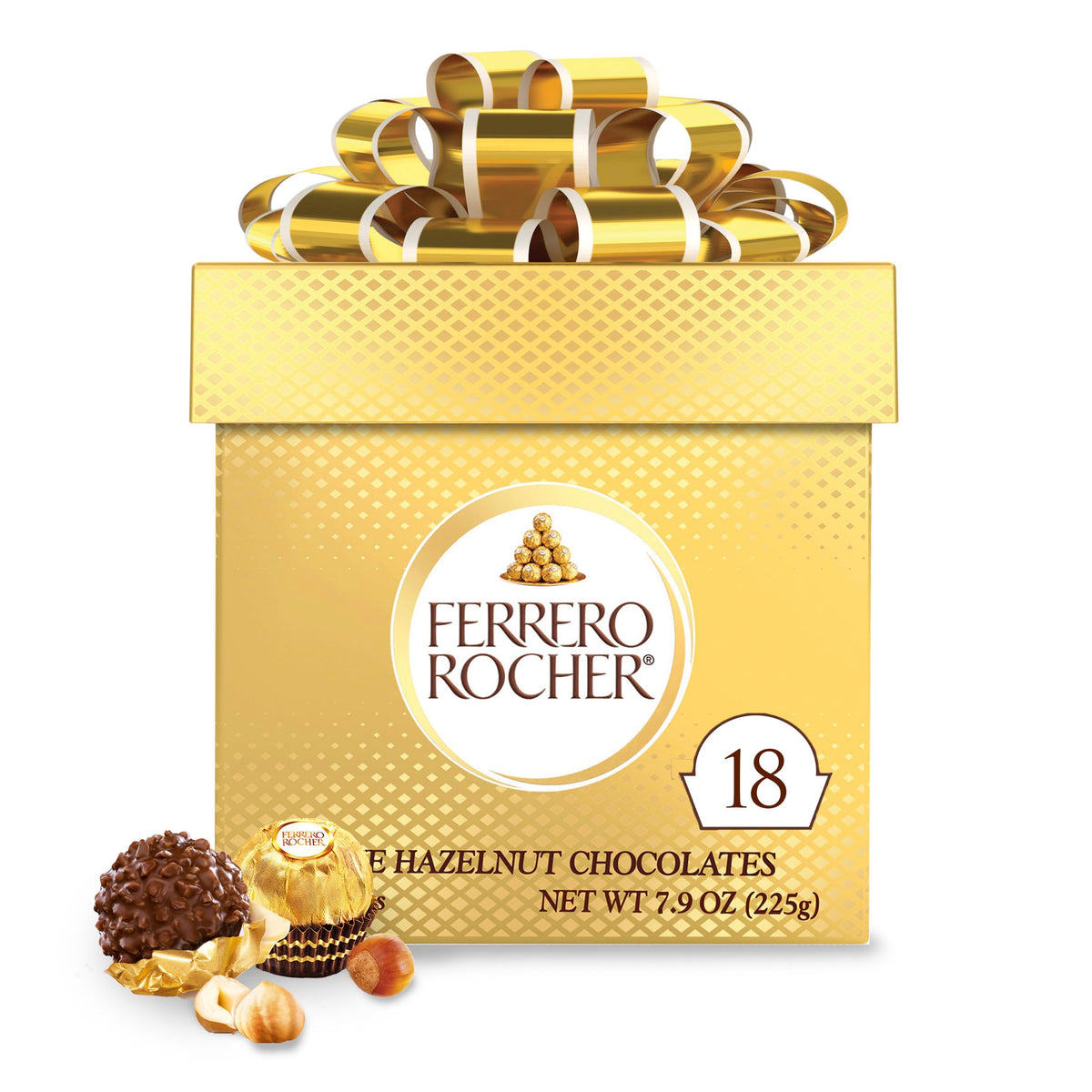 Ferrero Rocher, Premium Milk Chocolate Hazelnut, Individually Wrapped, 18-Count Gift Box, 7.9 oz