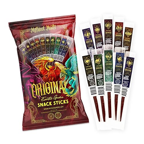 Mythical Meats Original Exotic Flavor Sampler Pack - 10 Exotic Game and Beef Snack Sticks - Dried & Dehydrated Meats Seasoned to Perfection - High